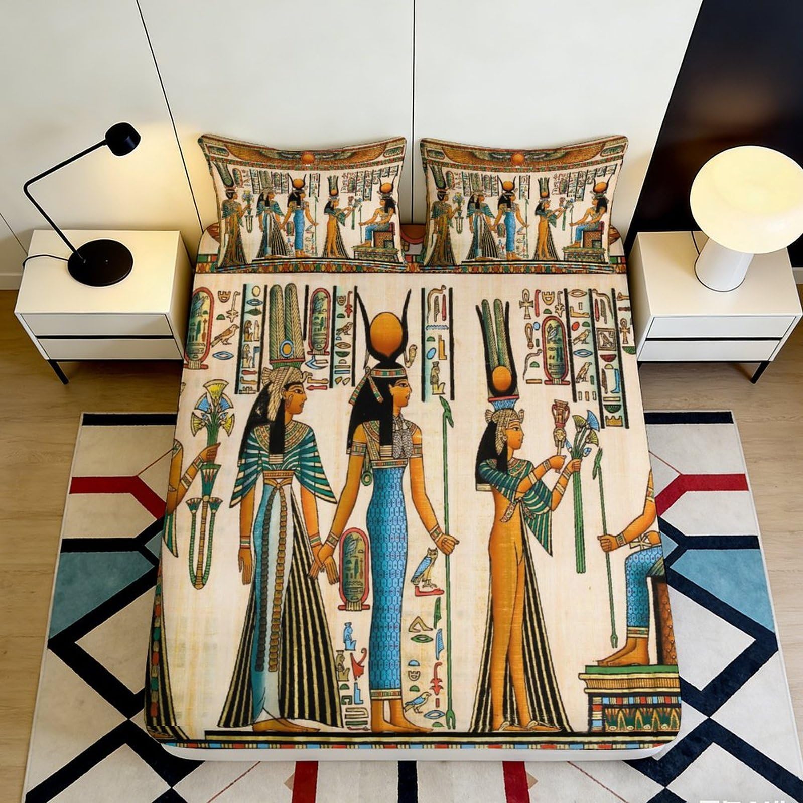 3D Printed Egyptian Goddess Fitted Sheet Microfiber Soft Breathable Ancient Hieroglyph Mattress Cover Decor 90x200x25cm