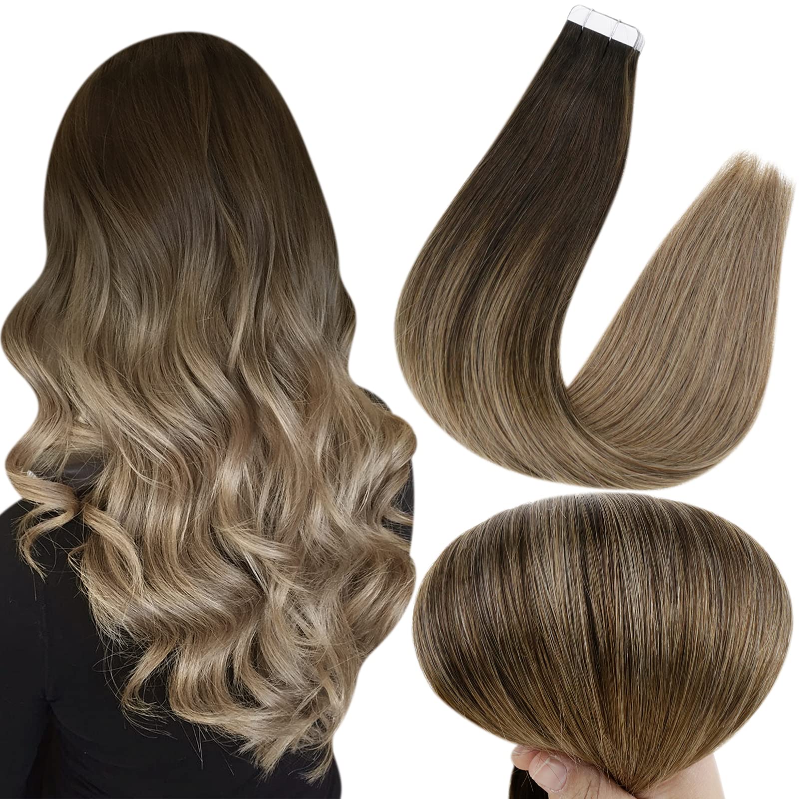 Full ShineFlower Injection Tape in Human Hair 18 Inch Tape in Hair Extensions 2 Darkest Brown Fading to 60 Blonde Highlight 2 Tape in Hair Extensions Human Hair 50 Gram 10 Pcs