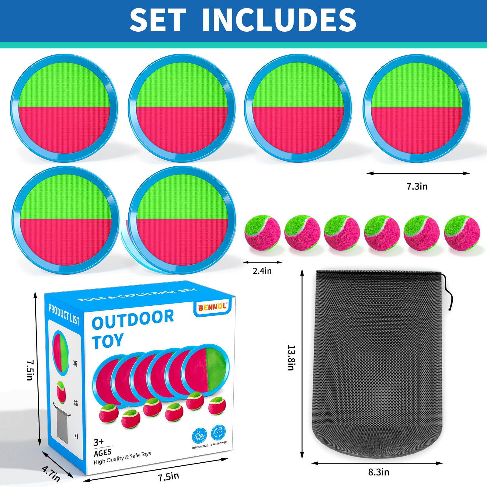 Juego de pelota para lanzar y atrapar, juguetes al aire libre para niños, juegos al aire libre para niños de 3, 4, 5, 6, 7, 8, 9, 10, juegos de patio trasero, playa al aire libre (6 paletas y 6 2