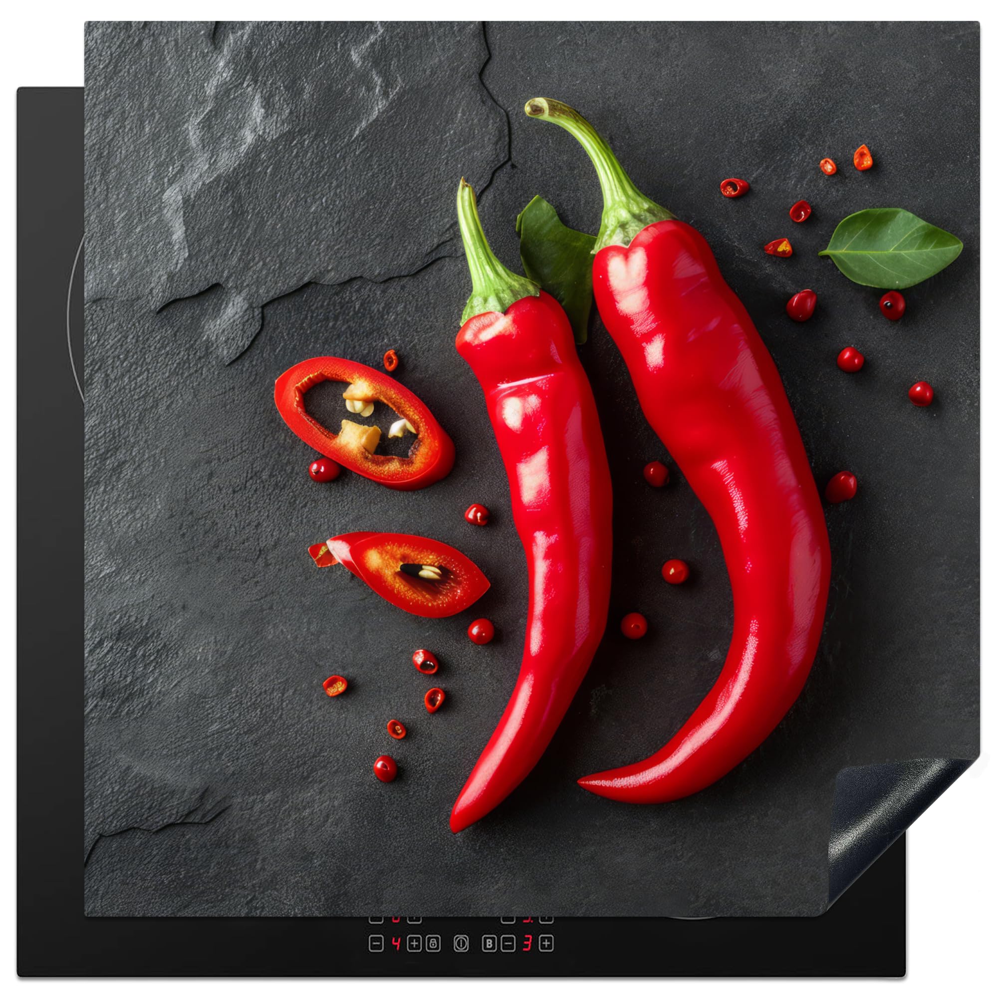 KitchenYeah© Induction Hob Protector Mat 30.7"x30.7" / 78x78 cm Stove Cap Top Cover Kitchen Cooker Covers for Electric Hobs Vinyl Red Pepper - Concrete - Chilies - Vegetables