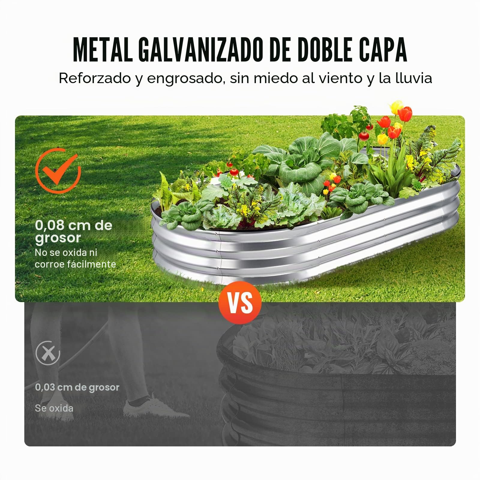 VEVOR Cama Elevada de Jardín 182,5 x 92,5 x 28 cm Jardinería Elevada de Metal Galvanizado para Cultivo de Flores Plantas Hierbas Huerto Urbano para Jardín Terraza Patio Balcón Plata con Accesorios