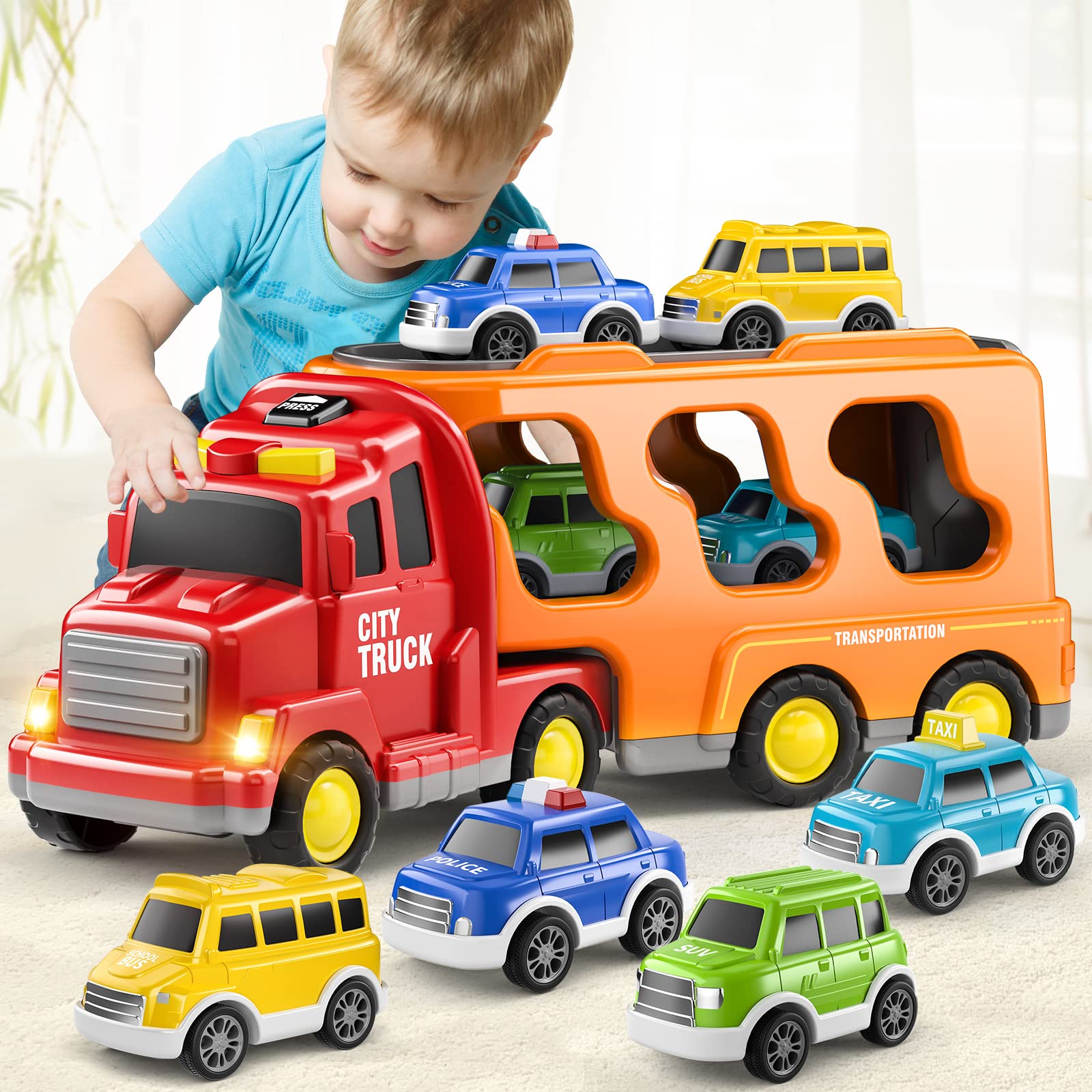 TEMI Toddler Truck Toys for 3 4 5 6 Years Old Boys Girls 5 in 1 Carrier Truck Transport