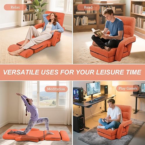 Miniatura 7 de Silla de suelo ajustable para adultos con apoyo trasero, sofá perezoso plegable de 5 posiciones con almohada, silla de juegos y meditación con tela