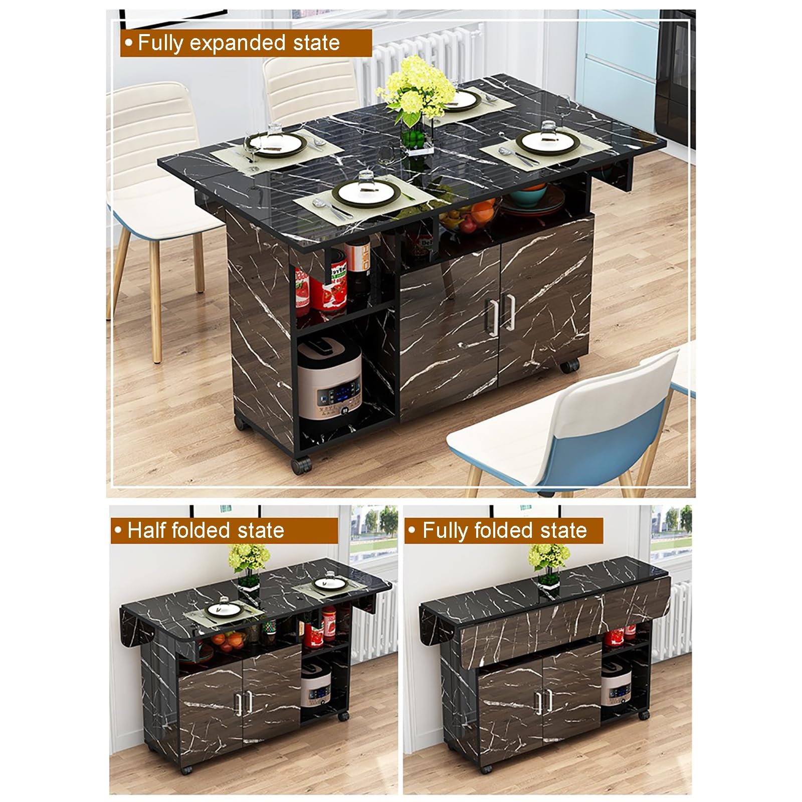 Tavolo da pranzo mobile pieghevole con armadietto e ripiano aperto, design salvaspazio su 6 ruote, per lavoro, studio e cenare, 80 cm, colore B