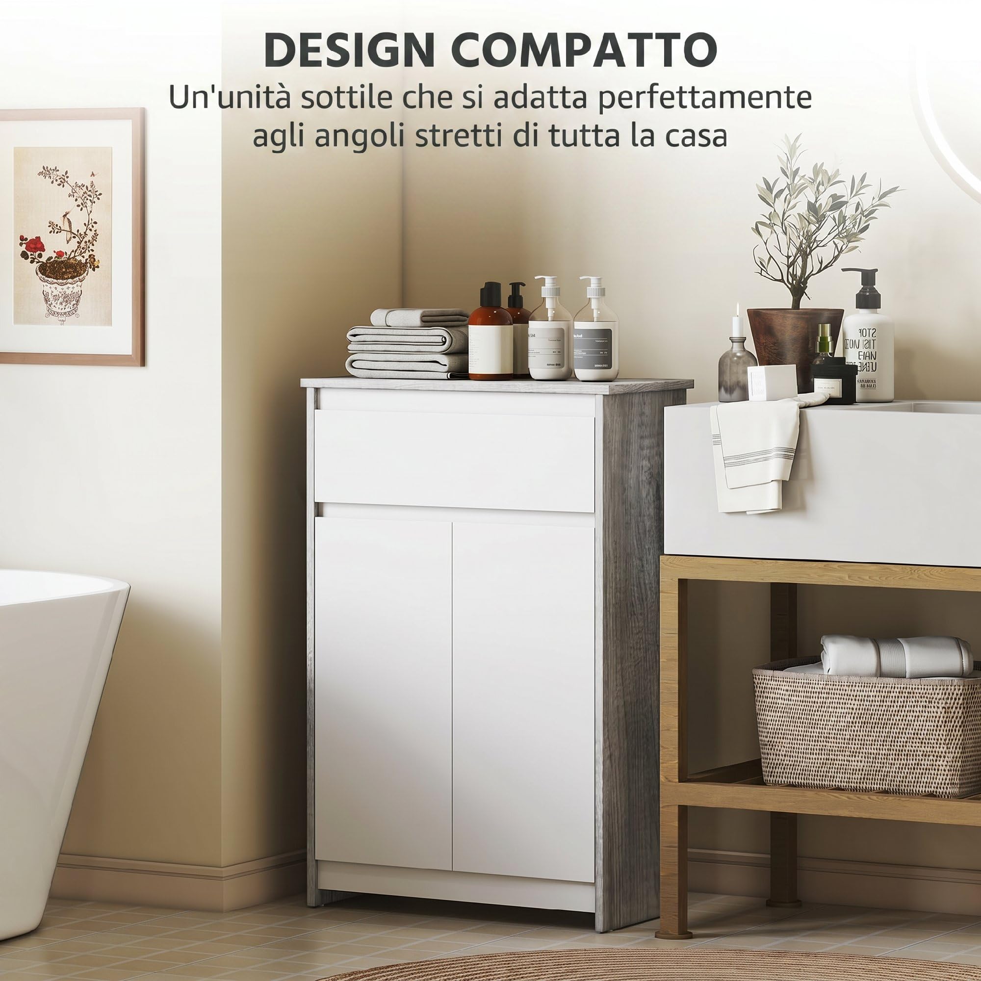 kleankin Mobile Bagno con Cassetto e Ante Doppie Grigio e Bianco | Mobiletto Bagno Salvaspazio, per Lavanderia, Effetto Legno