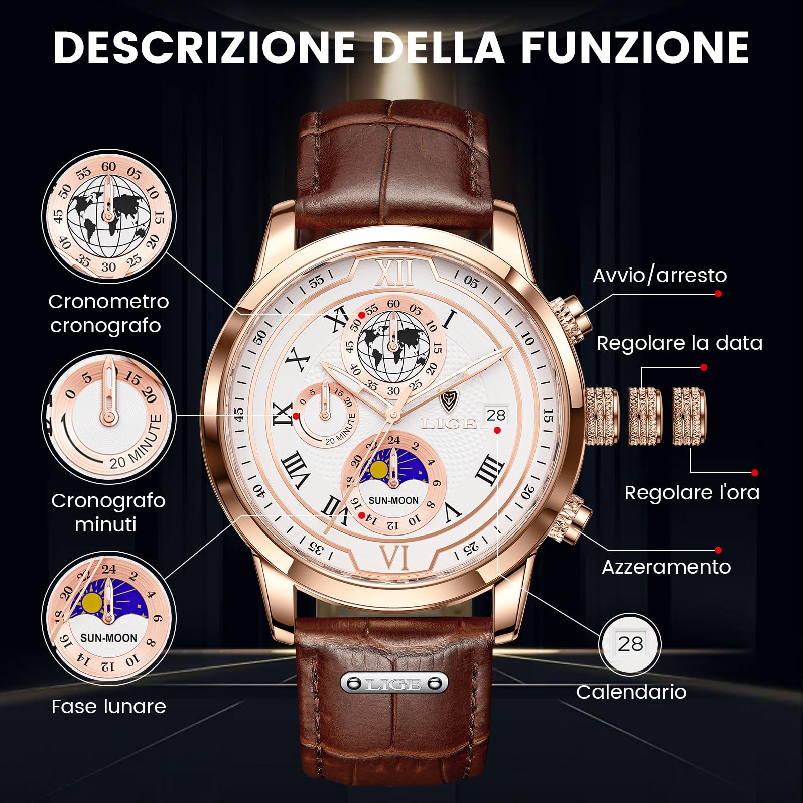 LIGE Orologio Da Uomo Cronografo Al Quarzo Con Data Fasi Lunari Design Nero Cinturino In Pelle Orologio Impermeabile Quotidiano