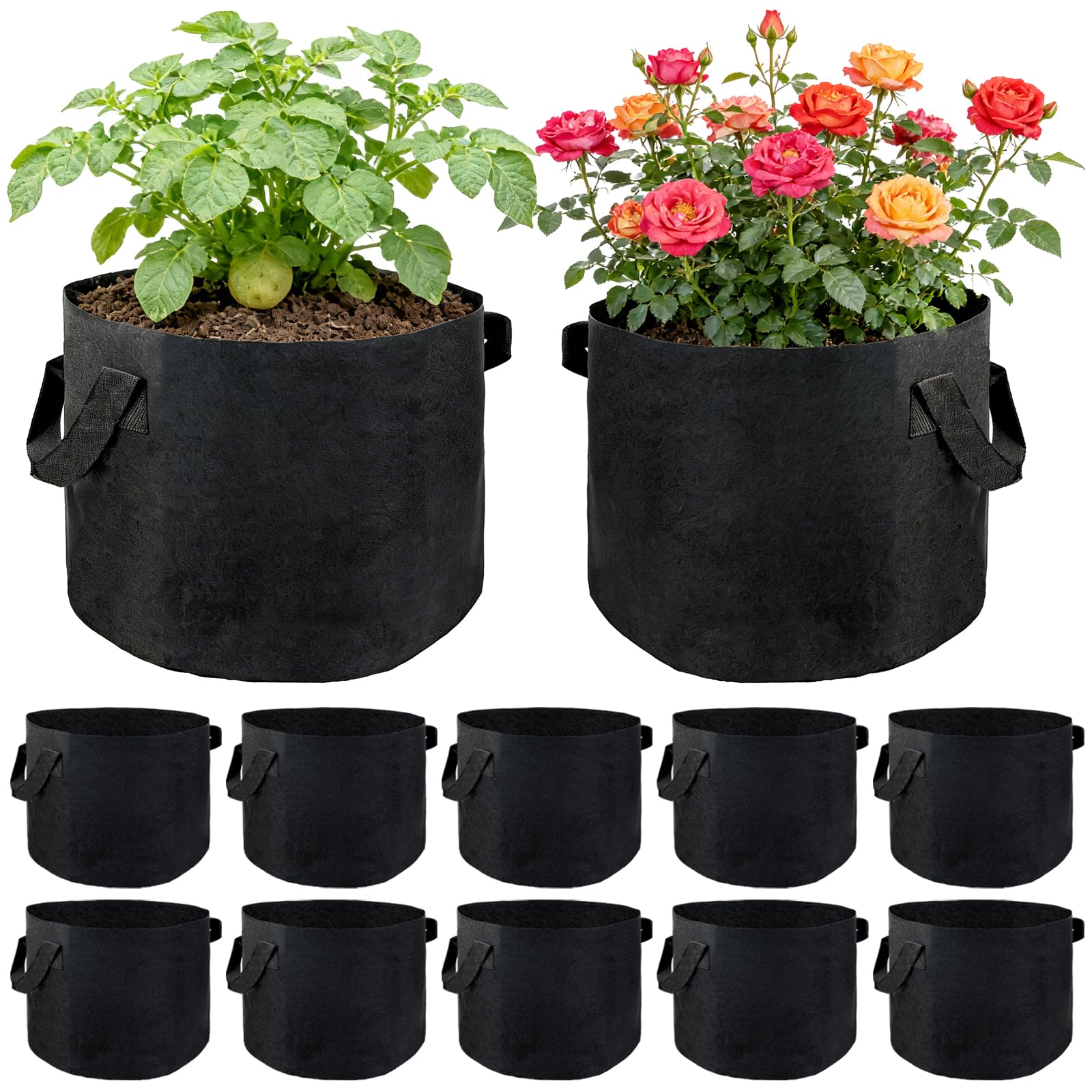 RUHUHUR 12 Pack 10 Gallon Vegetable Grow Bags for Indoor & Outdoor Gardening,Plant Grow Bags with Handles,Breathable Non-woven Durable Fabric Planting Pots for Vegetables,Flowers,Fruits and Herbs