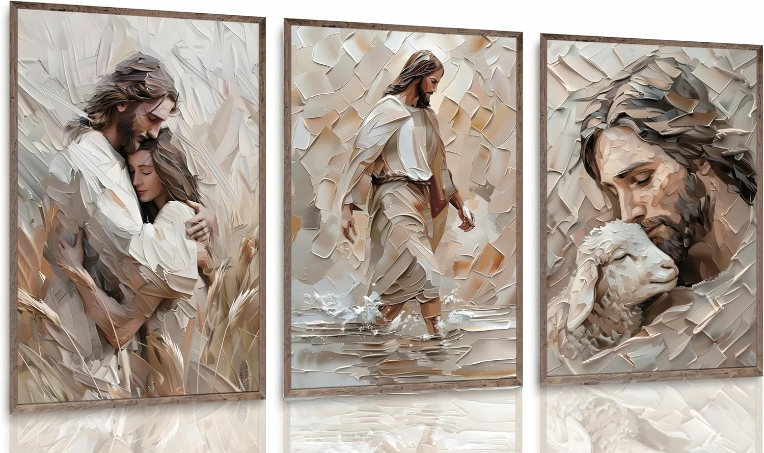FJKLRP 3pcs Jesus Wall Art Beige Texture Oil Paintings Christian Canvas Prints Poster Good Shepherd Embracing Walking on Water Religious Wall Decor For Bedroom Living Room Church Home Decor Unframed