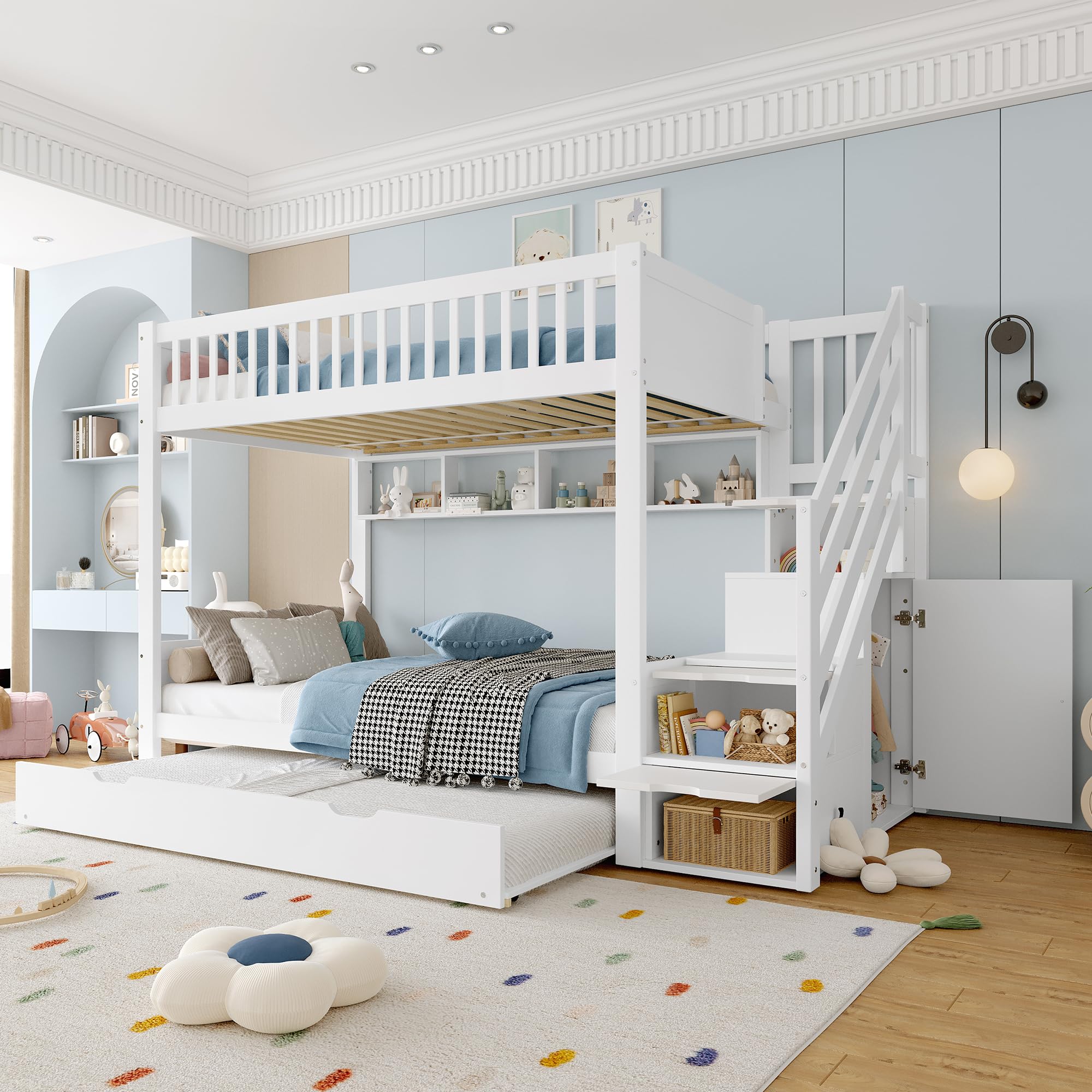 Merax Etagenbett Kinderbett 90x200 cm, Hochbett mit Ausziehbett, Kleiderschrank, Ablageleiter und Regal - Bettgestell mit Lattenrost (ohne Matratze), aus Kiefernholz, Weiß