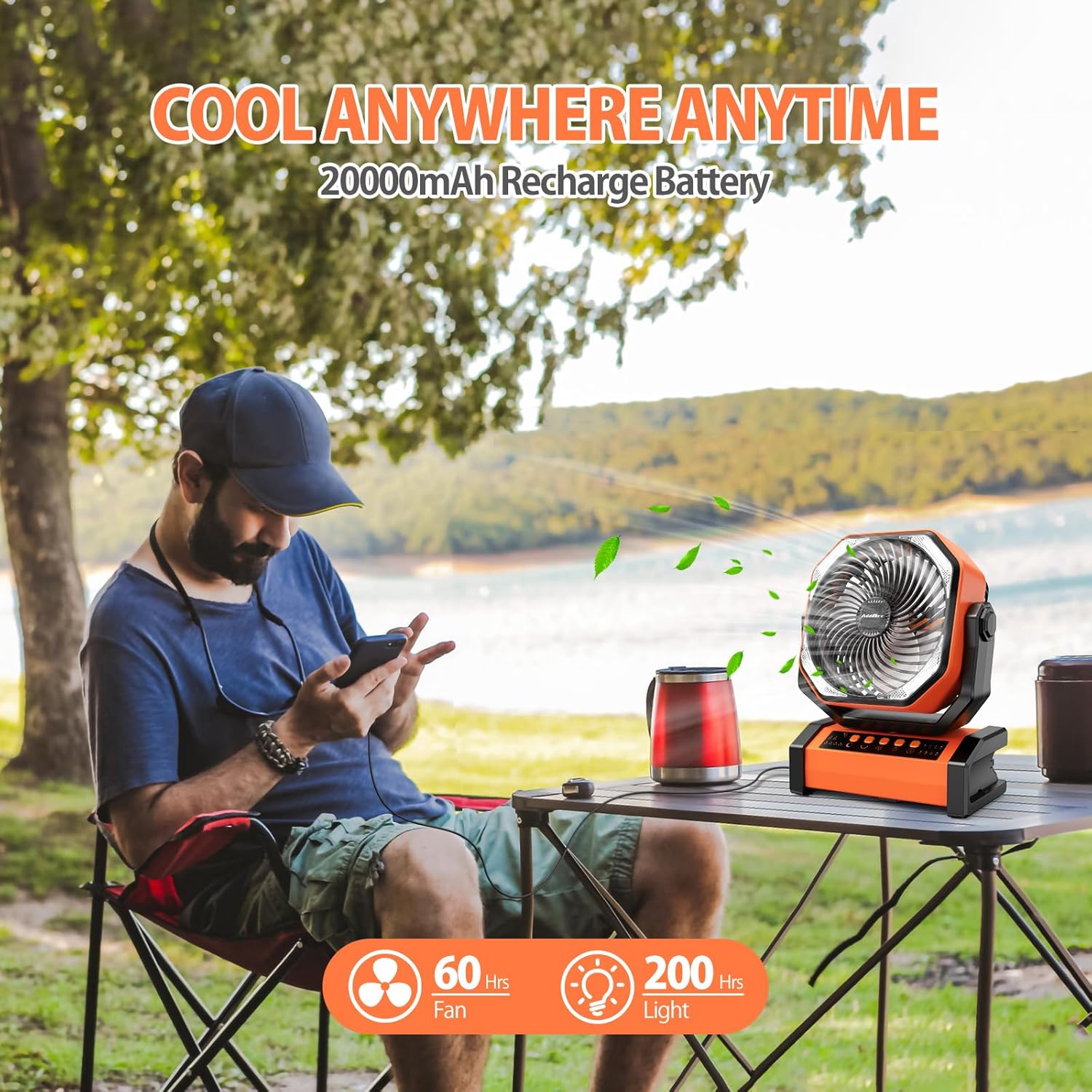 20000mAh Rechargeable Camping Fan - Battery Operated Fan with Light & Remote, Auto Oscillating, 4 Timer, 60 Hrs Work Cordless Tent Fan for Travel Outdoor RV Garage Power Outage Emergency - Image 4