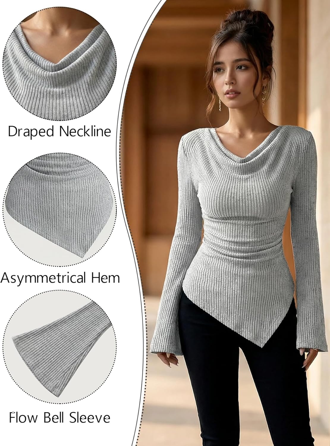 Bell Long Sleeve Cowl Neck Tops for Women, Y2K Ruched Asymmetrical Ribbed Fitted Shirts Going Out Fall Clothes - Image 4