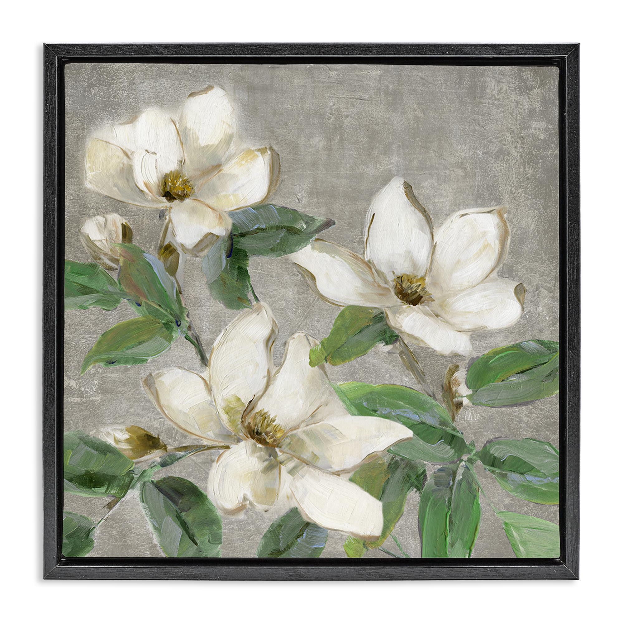 Stupell Industries Jet Black (Matte) 'Ivory Magnolias On Grey'| Floating Frame Canvas Art