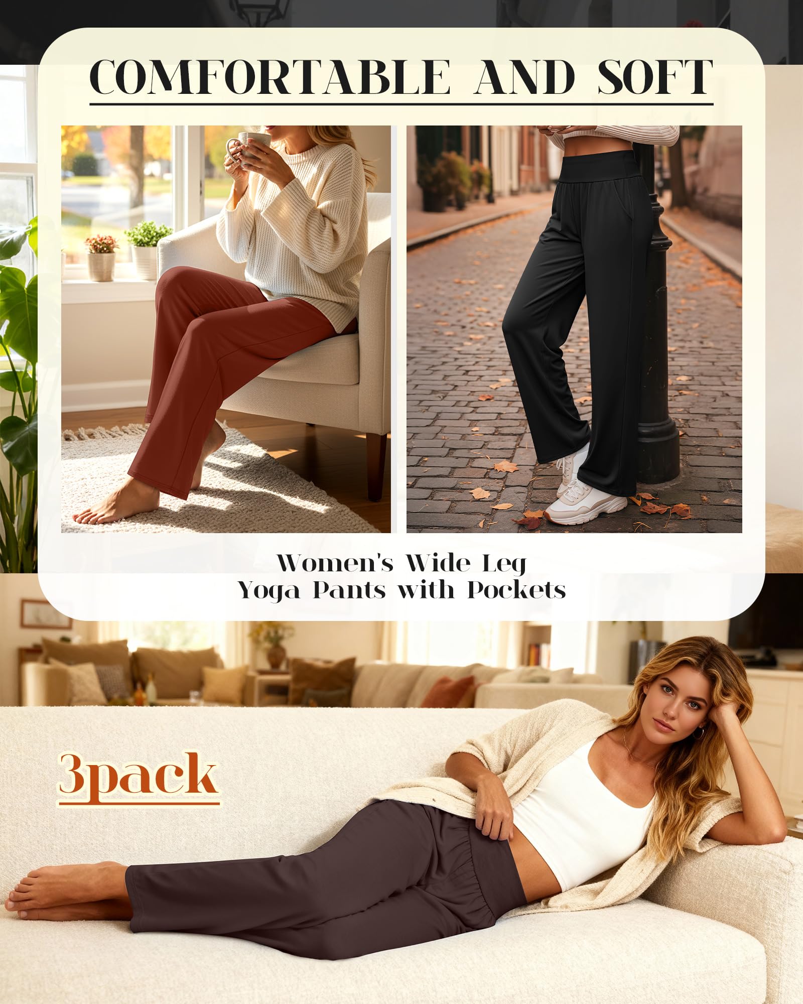Neer 3er Pack Damen Yogahosen mit Weitem Bein Bequeme Loungewear-Hosen mit Taschen Lockerer Gummibund Offene Hosenbeine