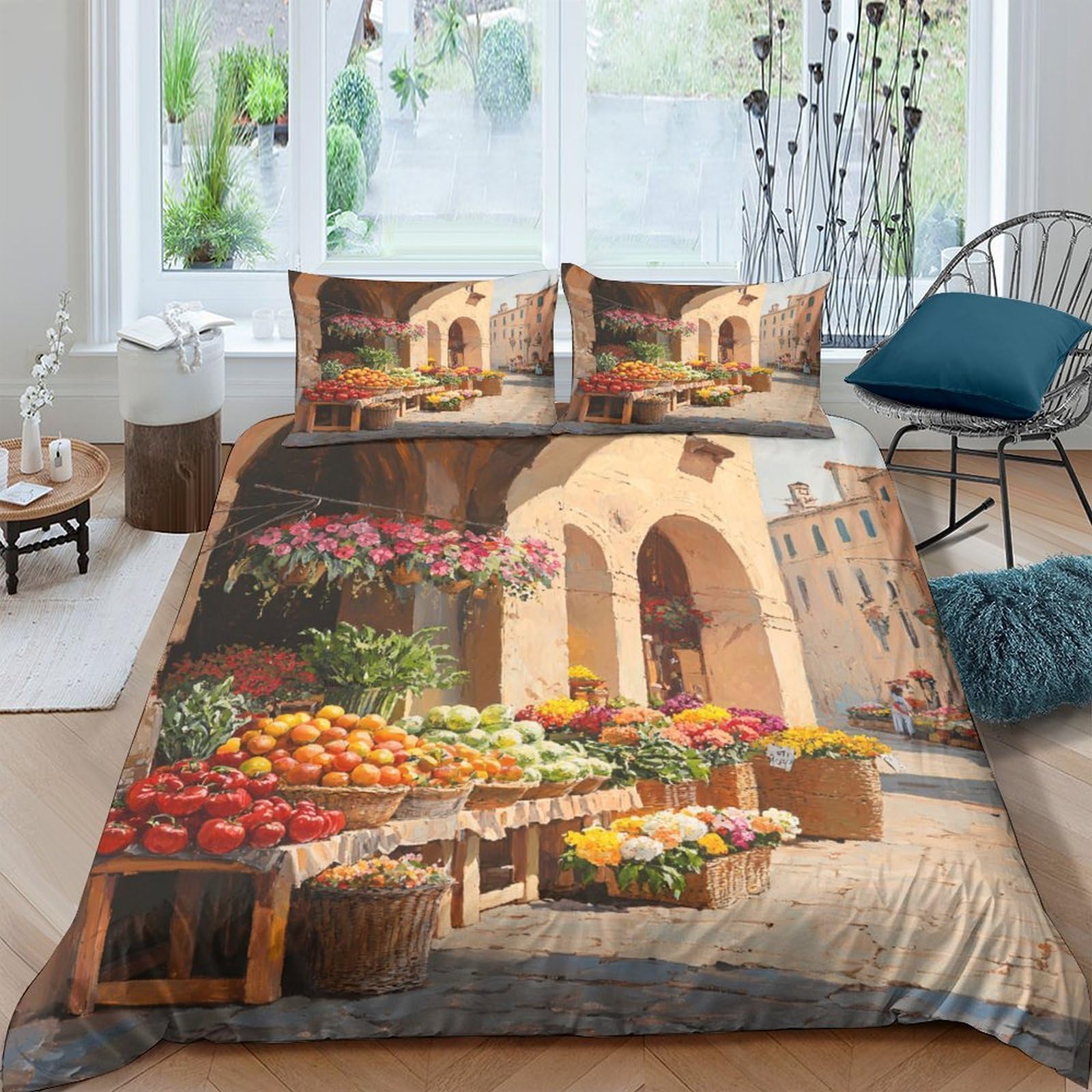 Ctjqhvkz Style-8 3D Printed Mediterranean Market Fitted Sheet Microfiber Soft Colorful Street Fruit Bed Cover For Bedroom Dorm Decor Single（135X200cm）