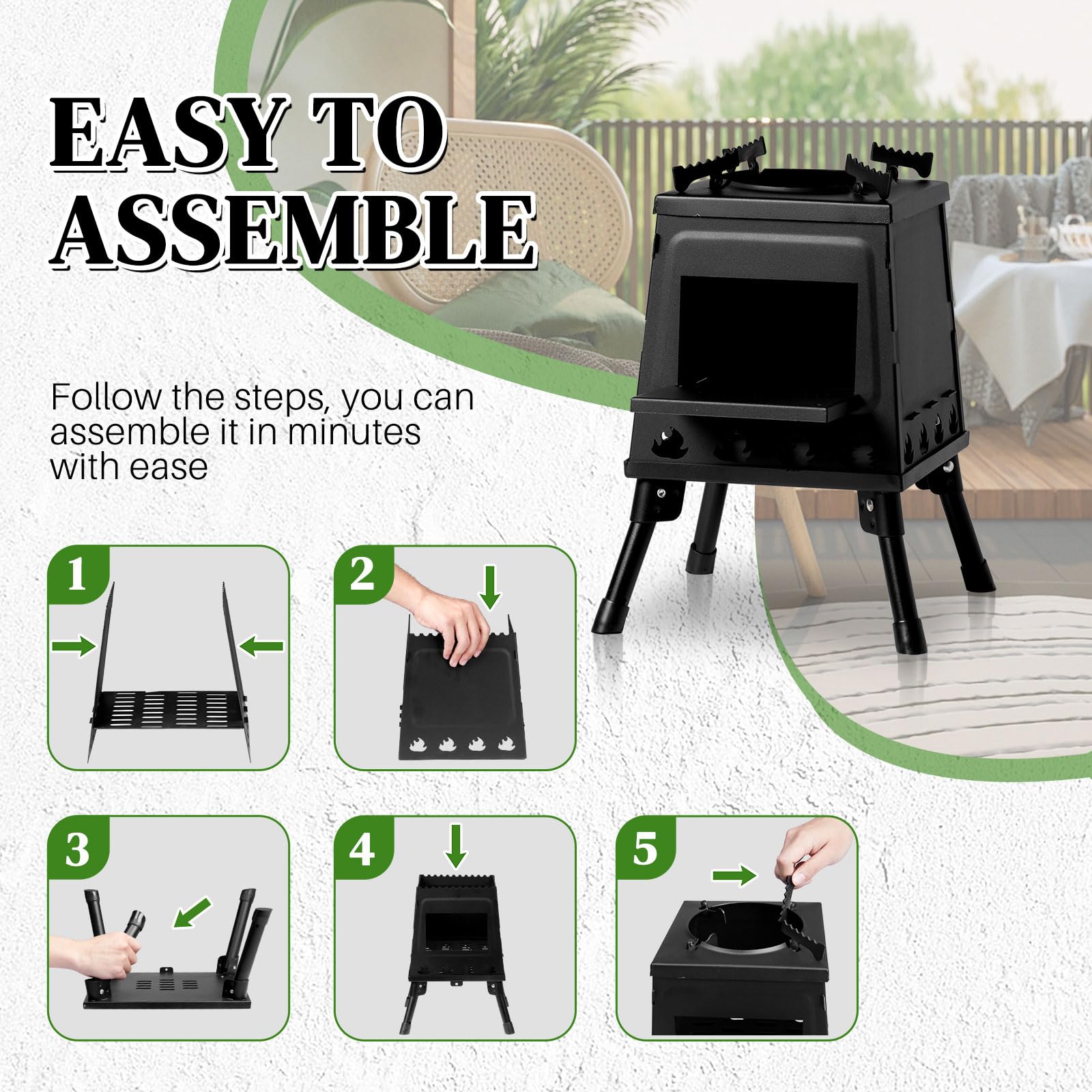 Estufa de leña portátil desmontable de hierro fundido para picnic, caza, pesca, barbacoa, mochilero, senderismo, supervivencia, calefacción, emergencia, cocina al aire libre, con bolsa de transporte