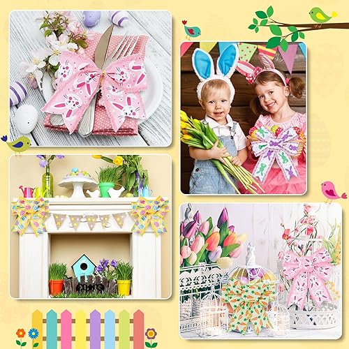 Miniatura 7 de Whaline Cinta de Pascua con borde con alambre de 30 yardas, rosa, verde, amarillo, poliéster, 2.5 pulgadas x 6 yardas cada uno, 5 rollos, Pascua,