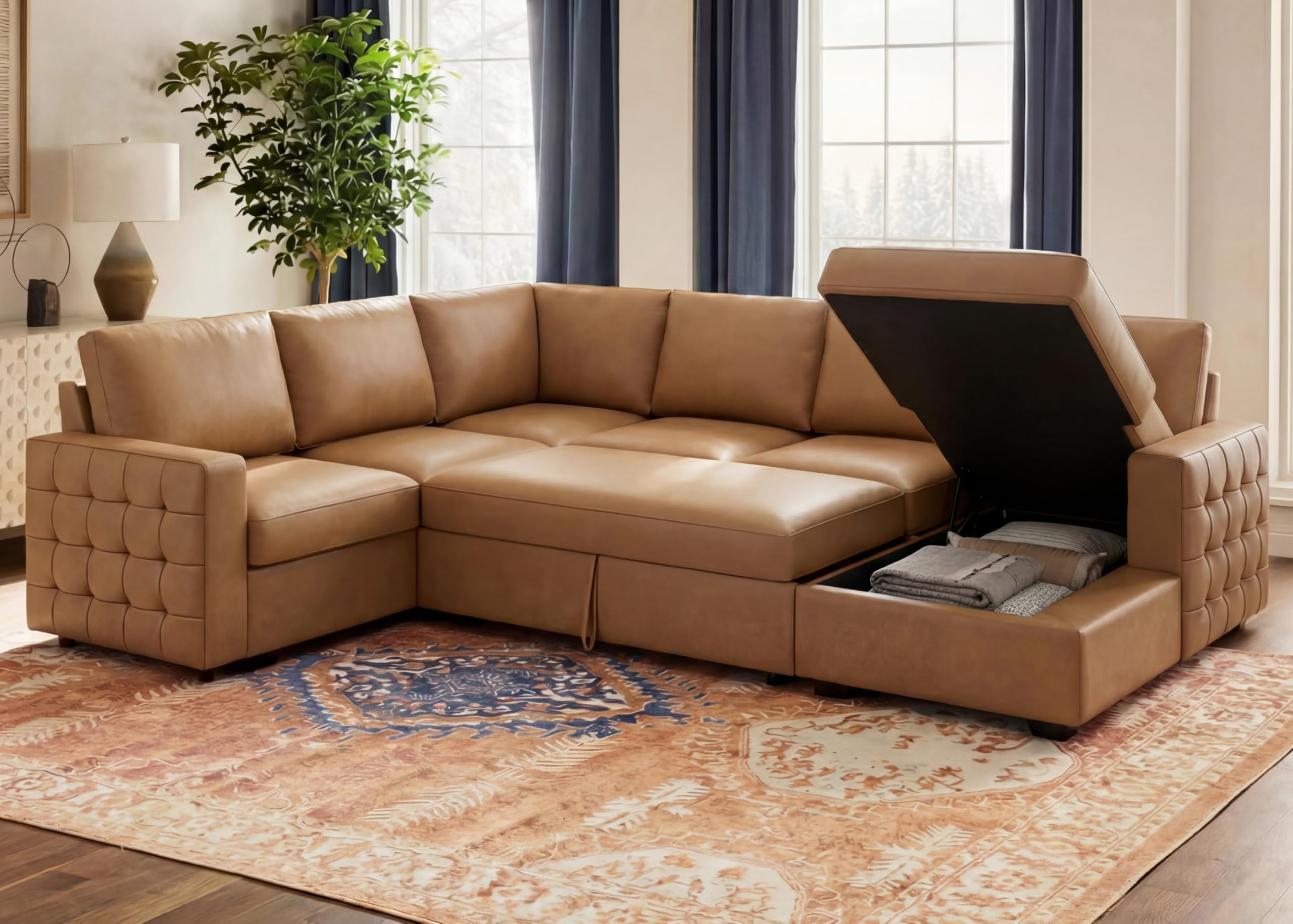 111 inch sectional sleeper sofa with pull out bed, u shaped 6 seat modular sectional couch with storage for living room, faux leather brown
