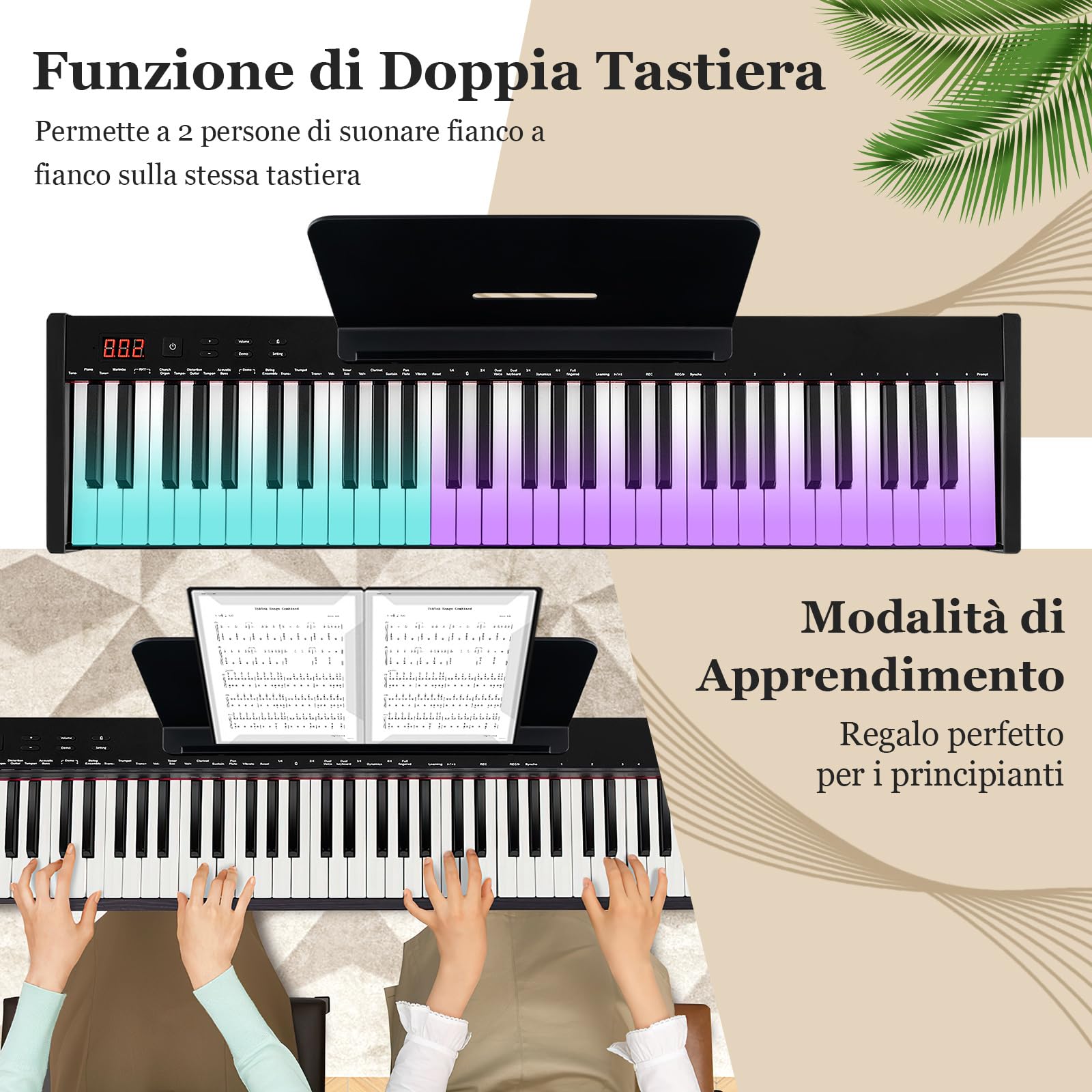 COSTWAY Set Pianoforte Digitale 61 Tasti, Tastiera Musicale con Sgabello Portatile, Pianoforte Elettronica con Supporto, Pedale Sustain, MIDI, USB e Funzione di APP Bluetooth