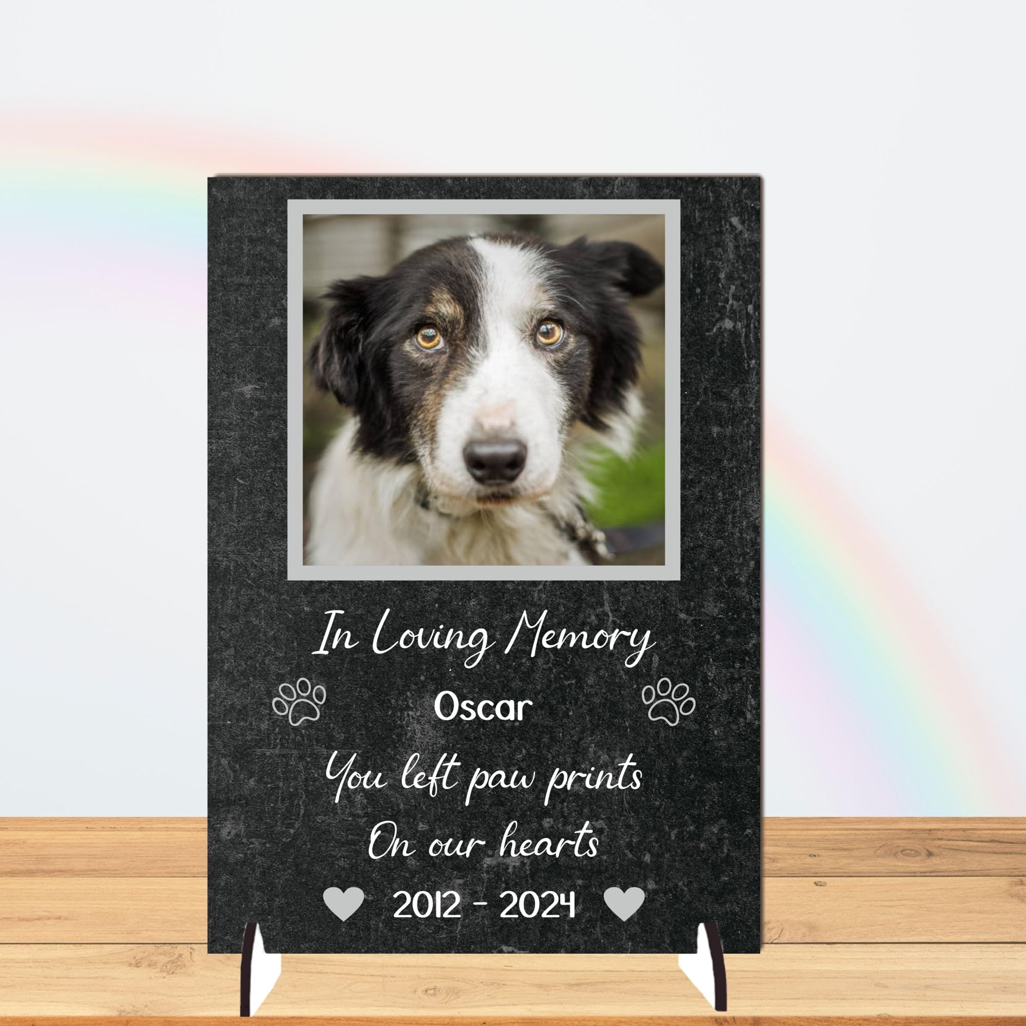 Personalised Pet Bereavement Photo Plaque - "Paw Prints on Our Hearts" Custom Memorial, Available in MDF or Acrylic, Size 148mm x 210mm (Mdf Wood 21cm x 15cm, Black)