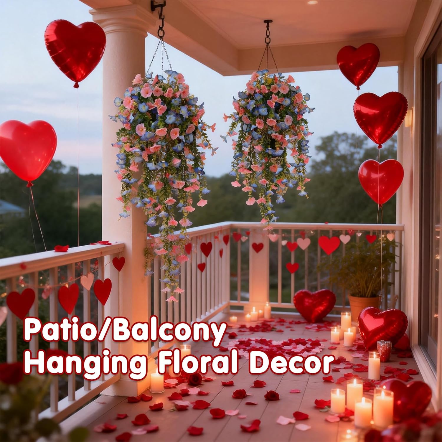 Artificial Hanging Flowers Fake Plants for Outdoors Decor 2 Pack Faux Silk Morning Glory with Eucalyptus UV Resistant for Outside Home Indoor Planter Porch Patio Balcony Yard Decor (Pink & Blue) - Image 2