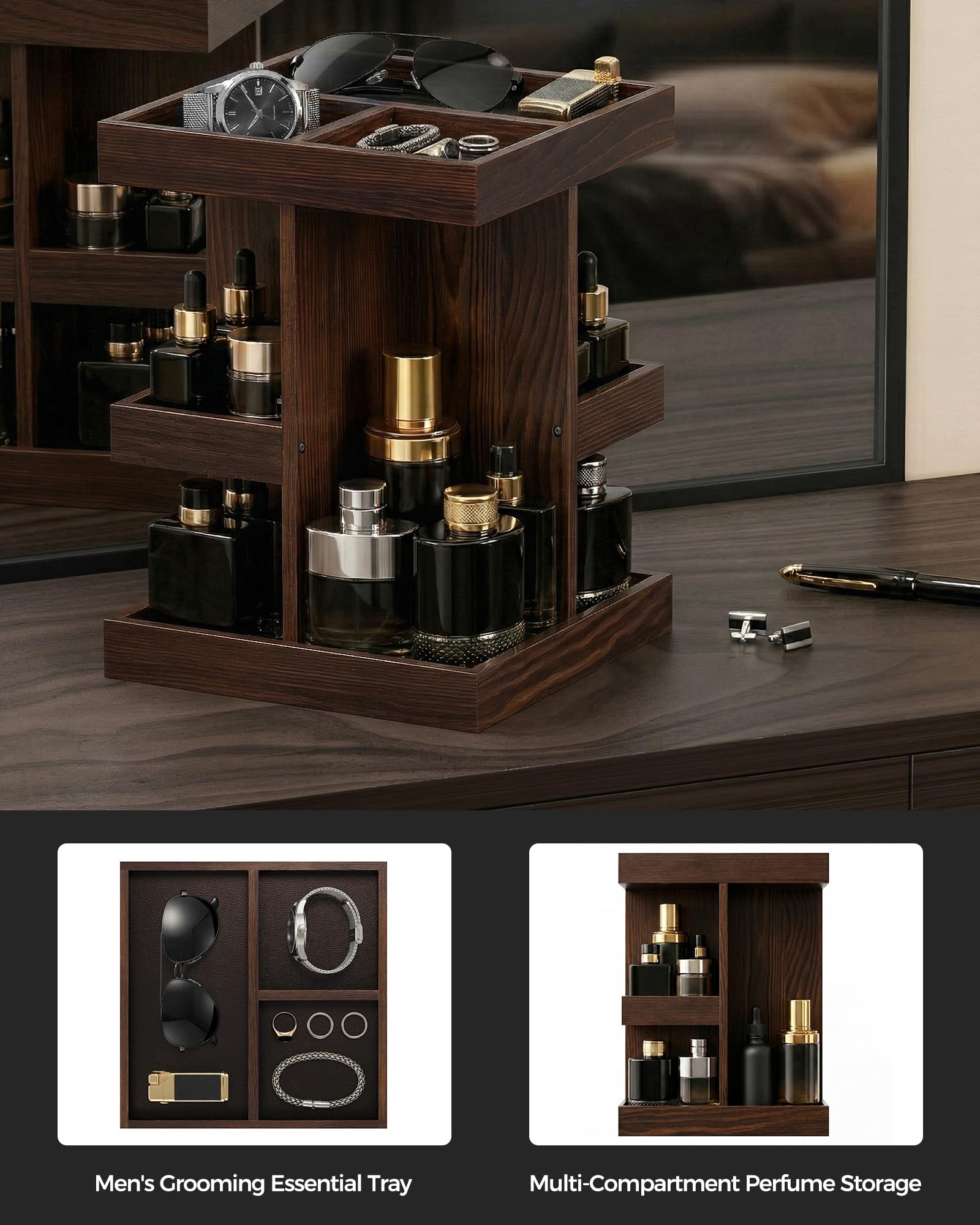 ProCase 360° obrotowy organizer na perfumy dla mężczyzn, naturalne drewno, wieża do perfumy, organizer do wyświetlania kosmetyków, stojak do przechowywania perfum, kosmetyków, produktów do pielęgnacji