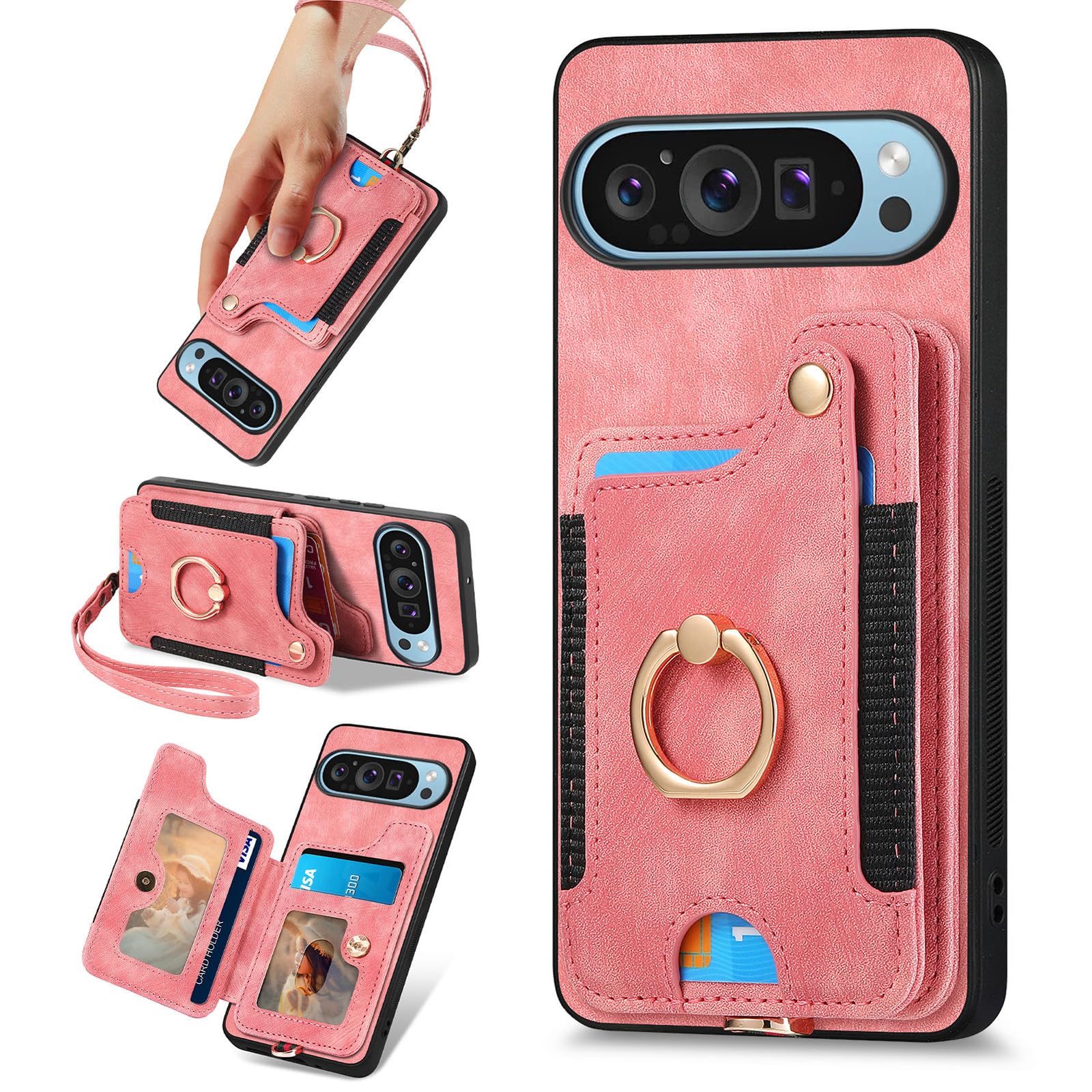 for Google Pixel 9 / Pixel 9 Pro Phone Case Wallet Card Holder,PU Leather Flip Folio Case,RFID Blocking Ring Holder Kickstand Wrist Strap Magnetic