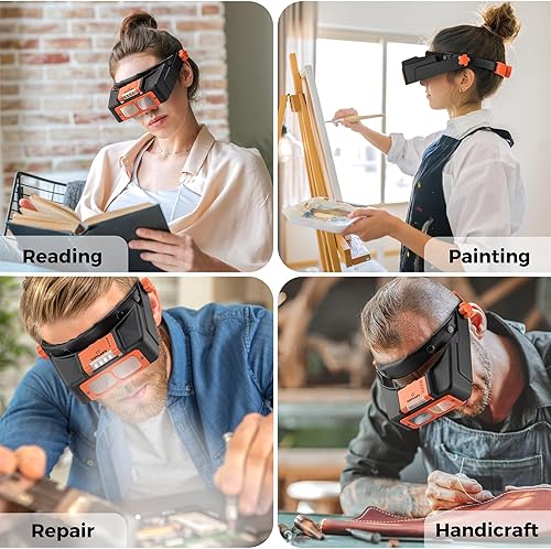 Miniatura 7 de Lupa de diadema con luz, gafas de aumento recargables para trabajo de cerca, diadema de aumento de 1.5X - 3.5X con 4 lentes, visor de lupa para