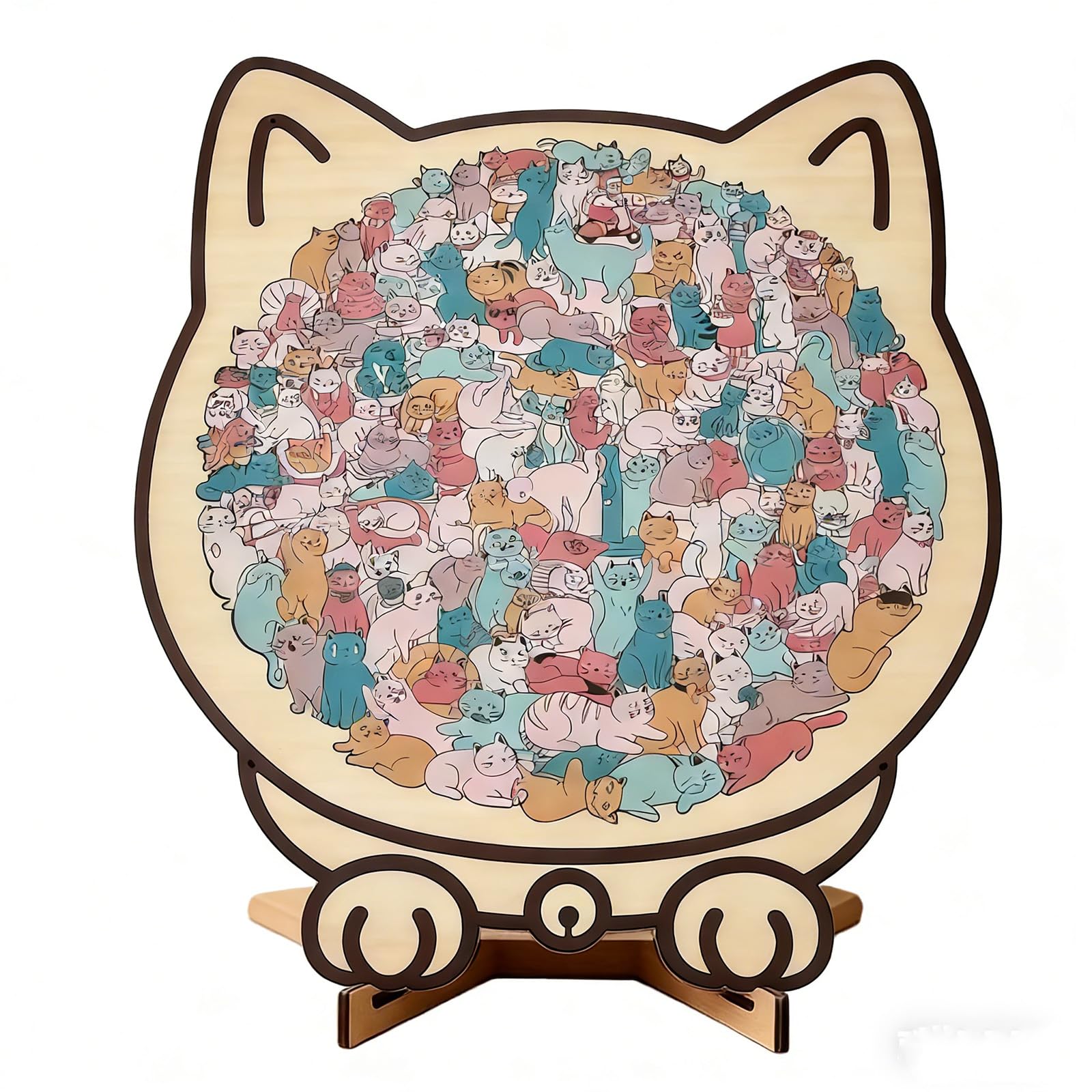 Puzzle a forma di gatto, puzzle irregolare con supporto, 135 pezzi, puzzle in legno colorato per adulti, regalo creativo per gli amanti dei gatti (C)