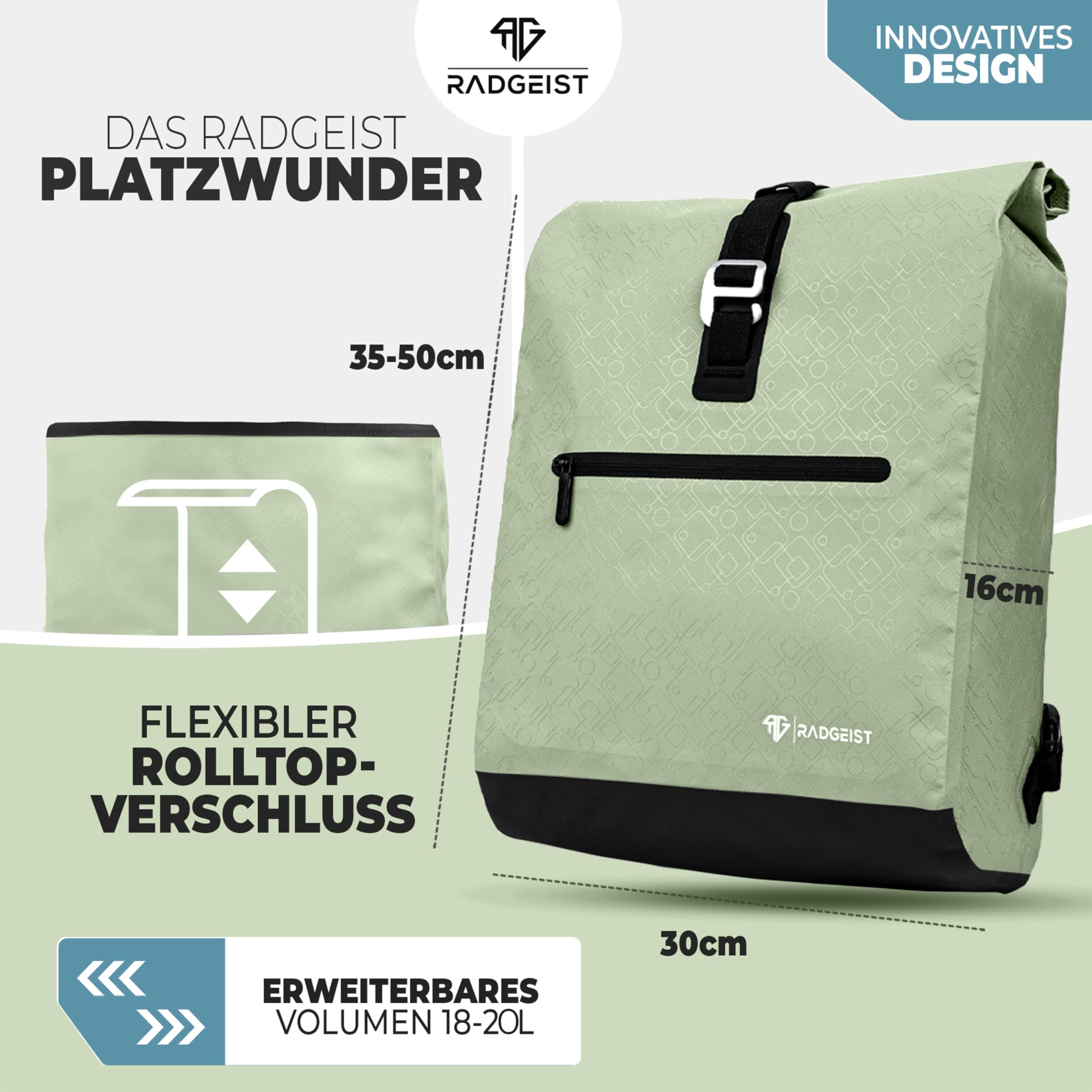 RADGEIST Fahrradtasche für Gepäckträger I Gepäckträgertasche & Rucksack I Fahrradtasche für Damen & Herren I Umhängetasche & Gepäcktasche für Fahrrad 20L Mint