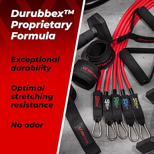 Miniatura 4 de ASU Trainer Bandas de resistencia de tubo, 5 bandas de ejercicio, 10 a 50 libras, equipo de ejercicio resistente hecho de Durubbex, bandas de