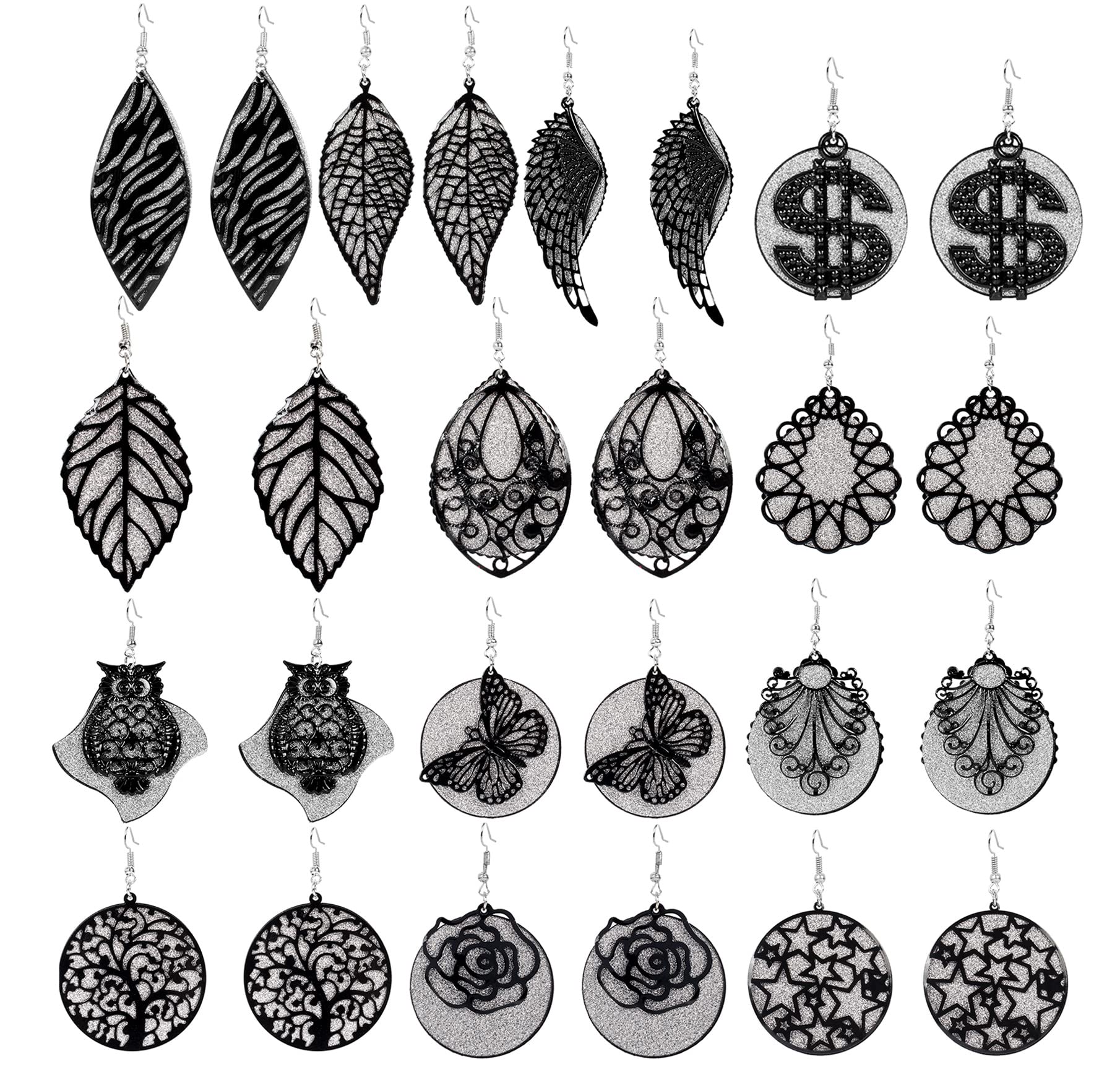 13 Pairs Shiny Layer Rhinestone Earrings Set Black Butterfly,Dollor,Wing Drop Dangle Earrings for Women Teen Girls Birthday Christmas Valentines Day Gift