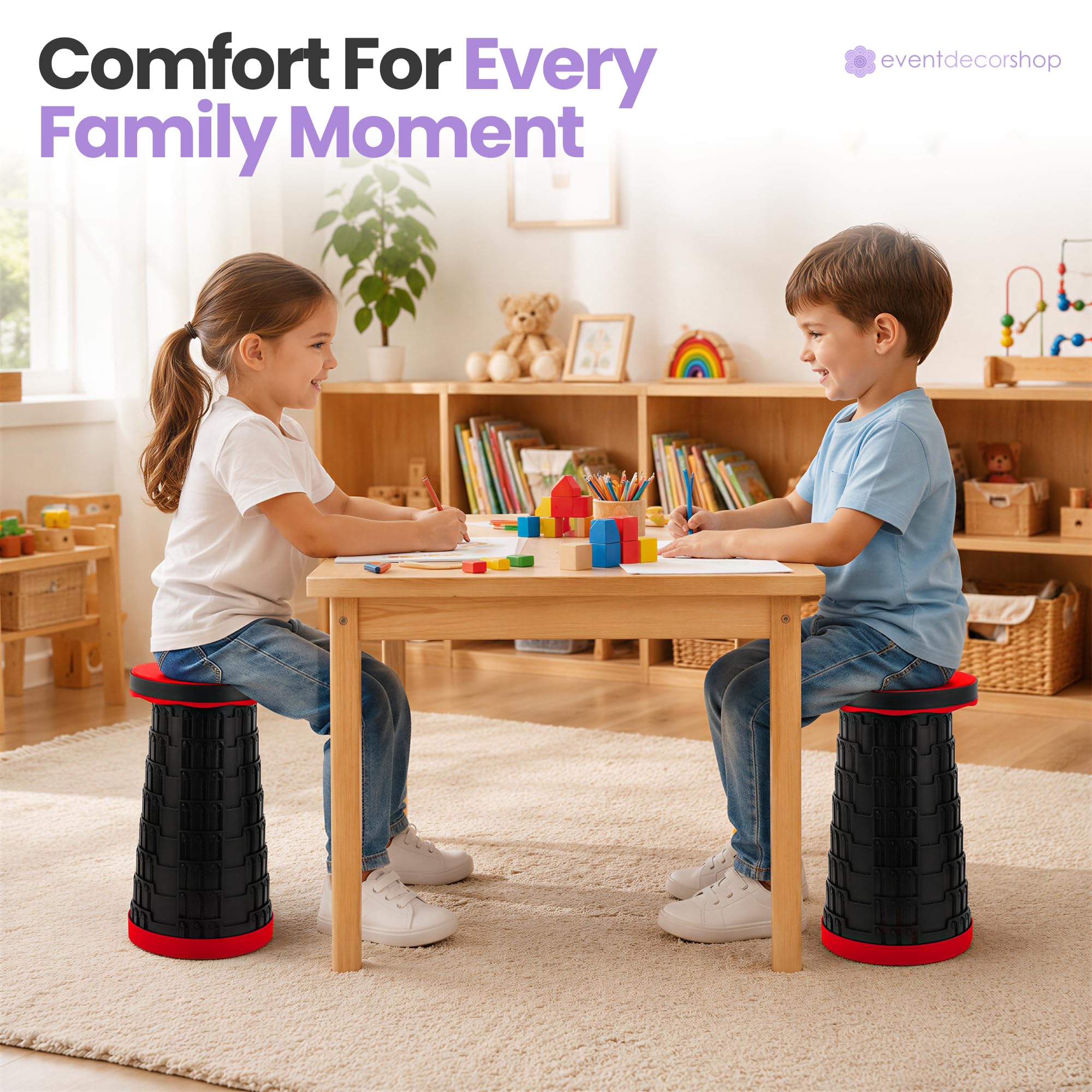 Event Decor Shop Tabouret de camping télescopique pliable 200 kg - Rouge, 3 pièces | Siège réglable, tabouret rétractable en plastique haute résistance pour événements et activités en intérieur et en extérieur