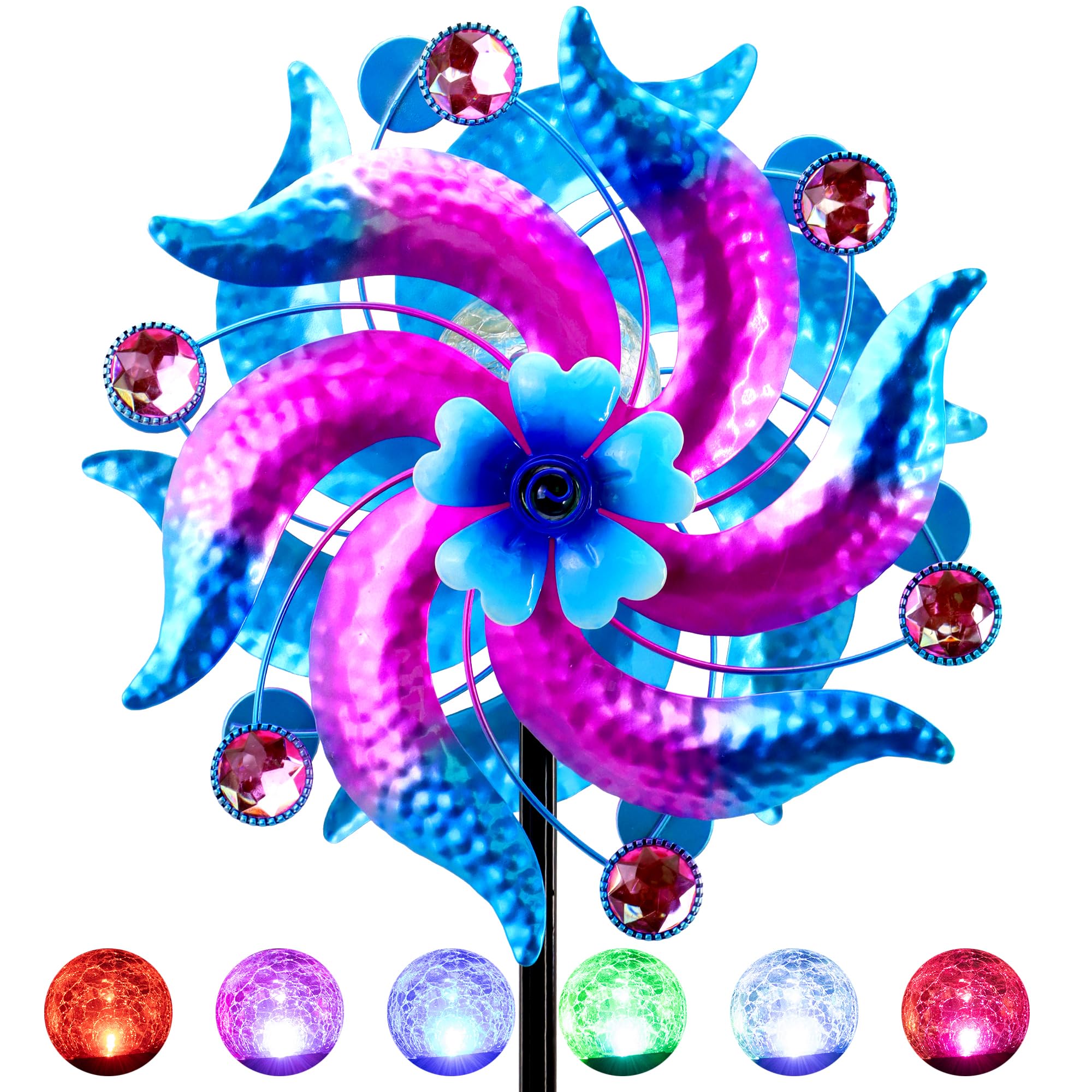 Solar Wind Spinner ze zmieniającymi się kolorami światłami LED, metalowy palik ogrodowy, niebieski i różowy wzór kwiatowy, 6 trzaskających globusów