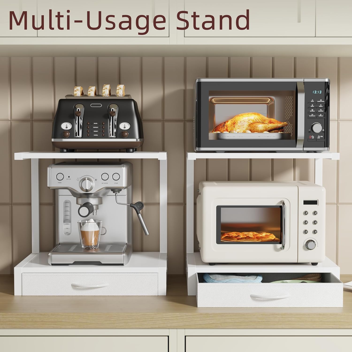 Countertop Small Microwave Stand with Storage Drawer, 2-Tier Kitchen Microwave Shelf Rack, Heavy Duty Microwave Stand for Kitchen Organizer, 17.3"×11.8" White