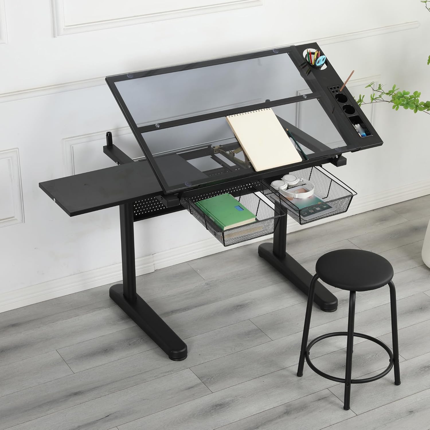 Adjustable Drafting Table with Stool, 0-75° Tilting Tempered Glass Art Desk with 2 Metal Drawers and Side Shelf, for Home Office (Black, 40.15"x23.62"x29.52")