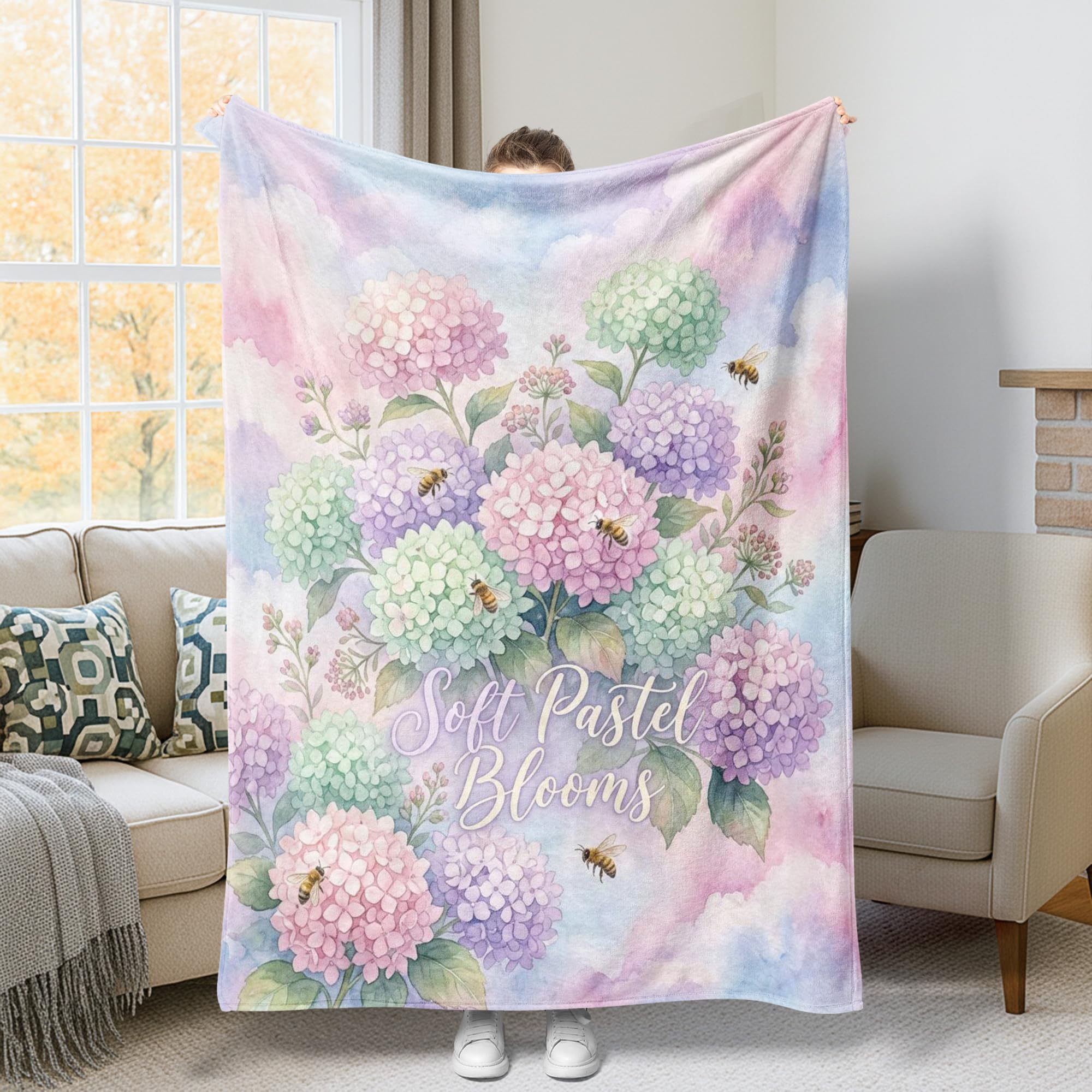 Couverture en polaire motif hortensia vert pastel pour lit et canapé de 152x203 cm
