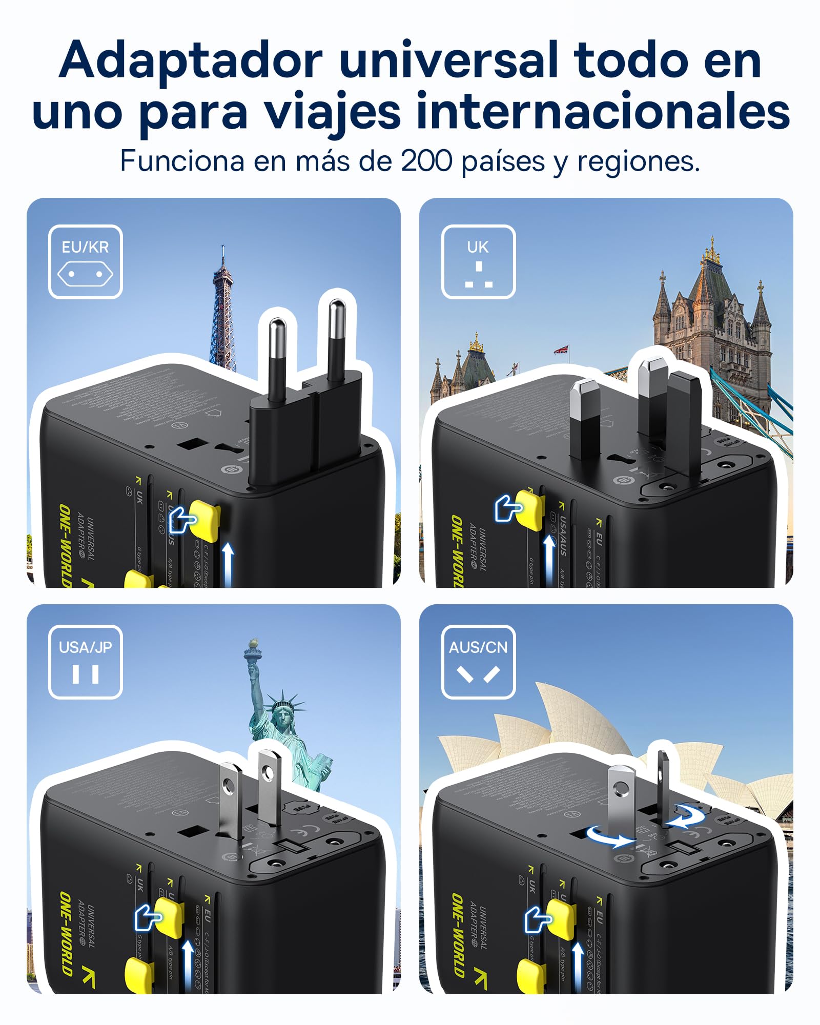 Baseus Enercore 70W Adaptador Enchufe Universal con Cable Retráctil, 2 AC + 2 USB A + 1 USB C, Adaptador de Corriente Internacional para EE. UU., Reino Unido, Japón, Tailandia, Australia
