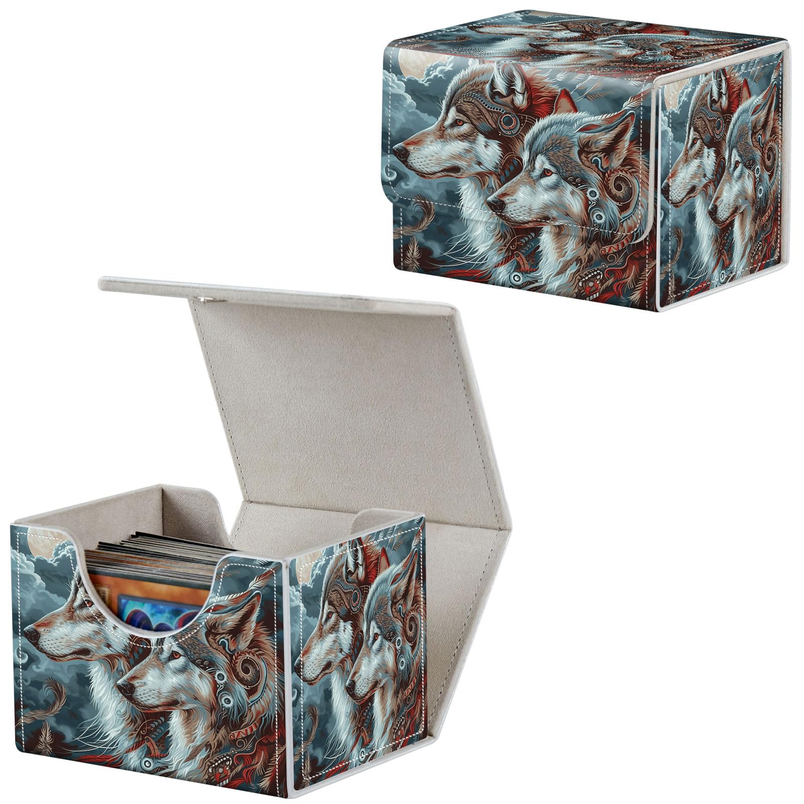 Qindaiwen Card Deck Box for MTG, Fits 100+ Single Sleeved Cards, PU Leather Trading Card Storage Box for TCG, CCG, MTG Cards, Strong Magnet Magic Gathering Deck Box, Two Wolves