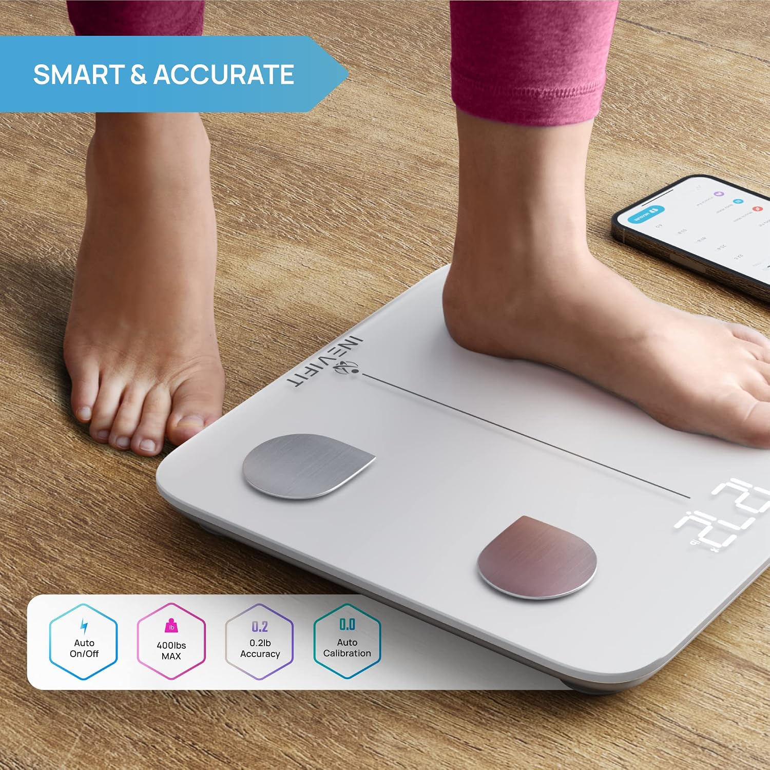 INEVIFIT Smart Body Fat Scale, BMI Highly Accurate Bluetooth Digital Bathroom Body Composition Analyzer. Measures Body Fat, Water, Muscle, Bone Mass & More for Unlimited Users