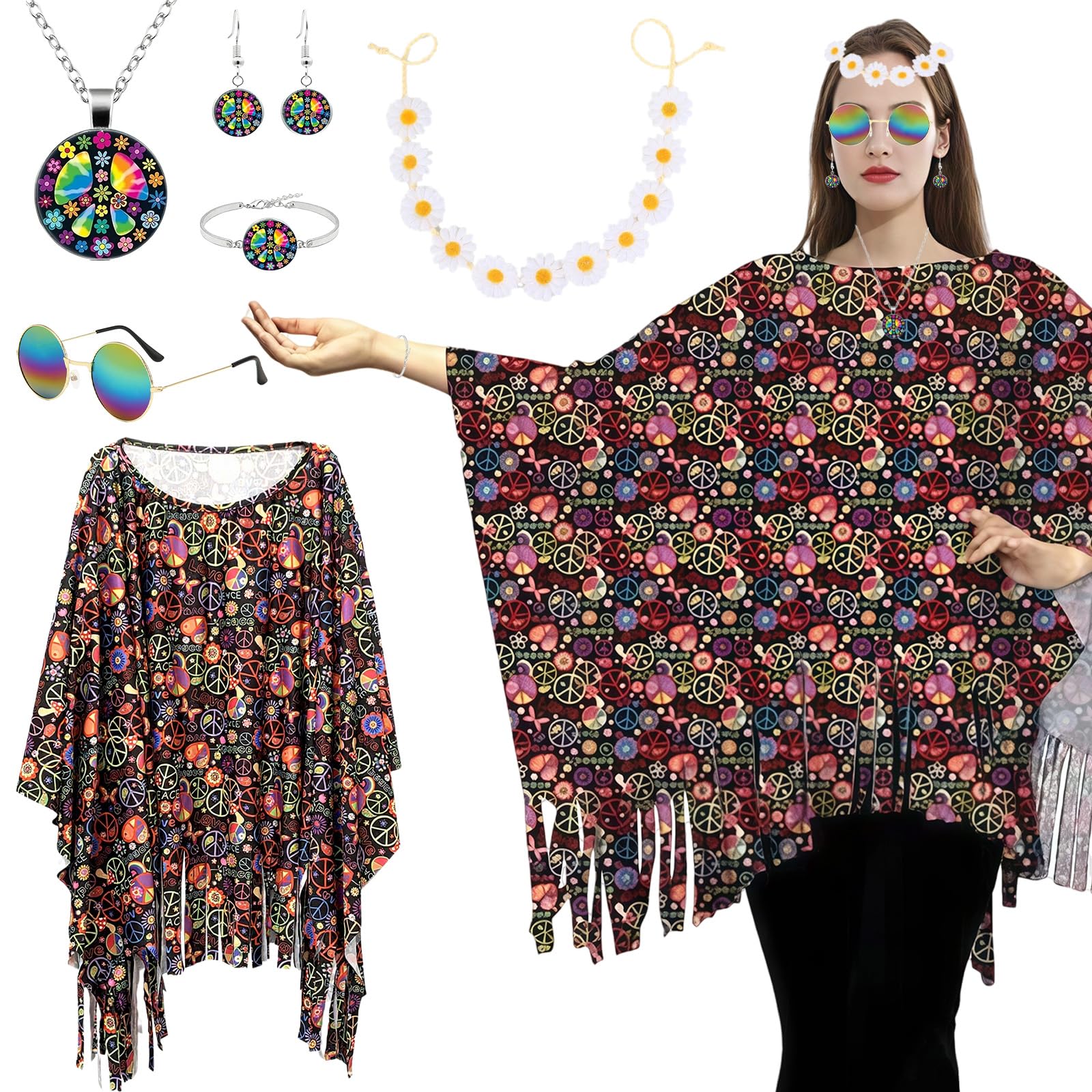 SSKHE 70s Hippie Costume Accessories Set, Boho Cape with Necklace Earring Bracelet Sunglasses Headband