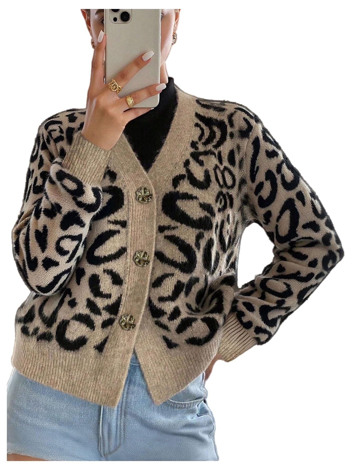 Verdusa Womens Leopard Button Down Cozy Cardigans V Neck Long Sleeve Knit Sweater Fall Outfits