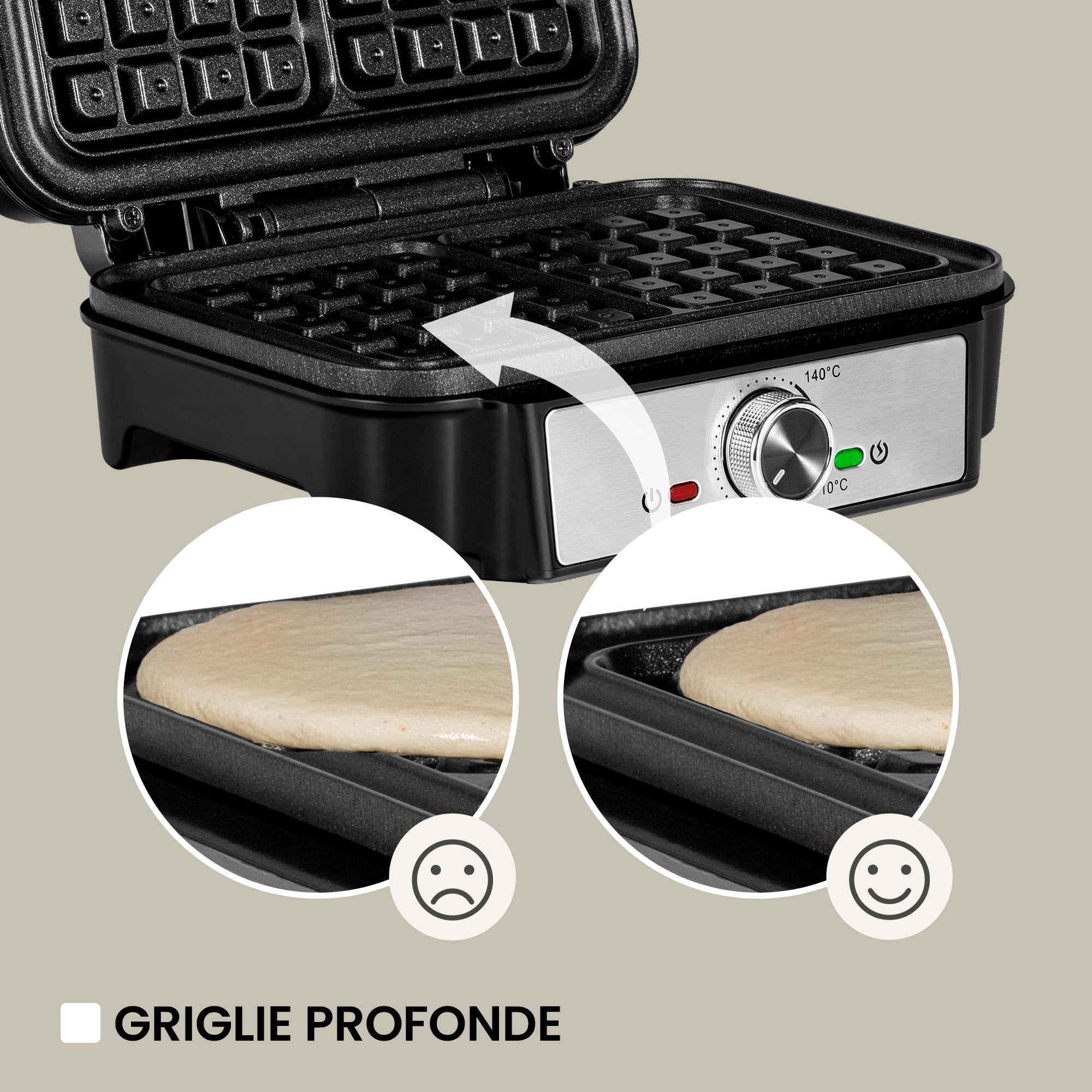 ZEEGMA GOFREE CHEF Macchina per Waffel Potenza Elevata 1200 W Per Waffel belgi, Doppio Rivestimento Antiaderente, Regolazione Temperatura, Spia Pronto all'Uso, Waffel Spessi Piastre profonde