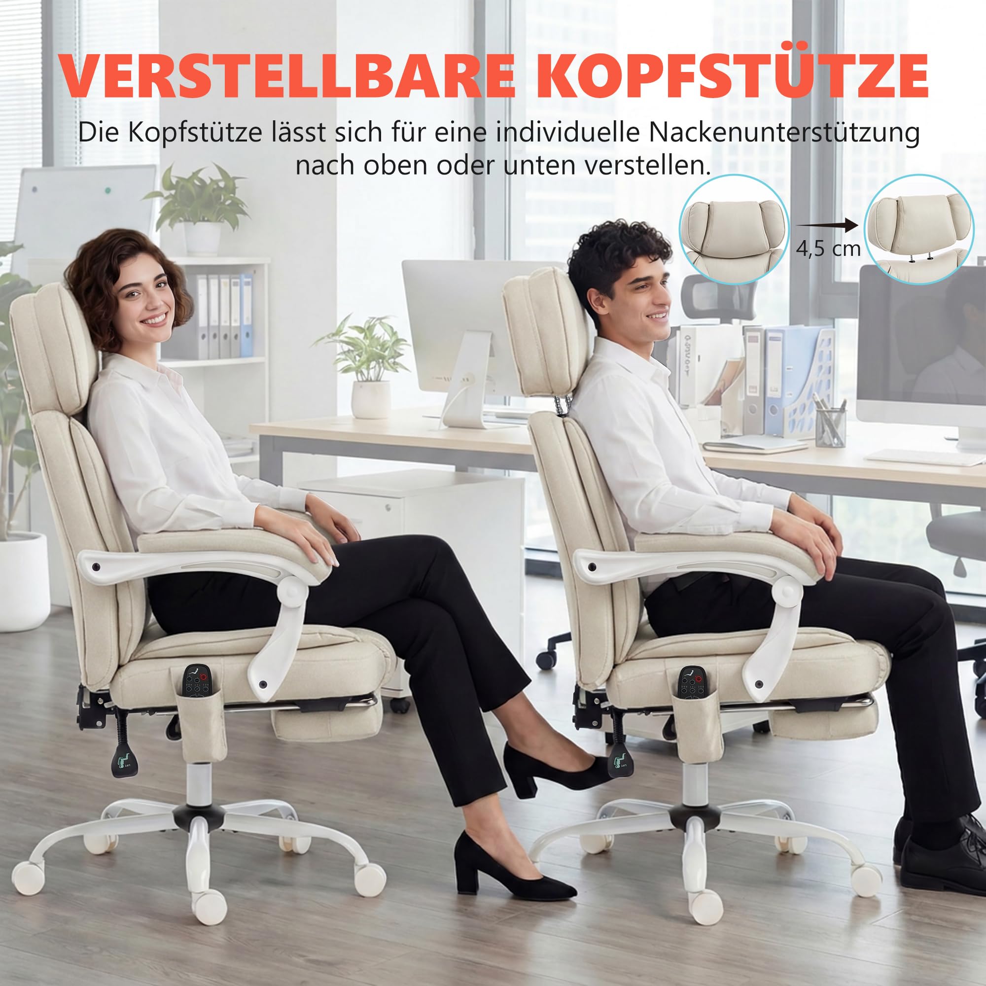 HOMCOM Bürostuhl mit Massagefunktion, Ergonomisch Schreibtischstuhl mit Liege- & Wärmefunktion, Verstellbarer Kopfstütze, Höhenverstellbar Drehstuhl mit Lordosenstütze, Fußstütze Kunstleder Cremeweiß