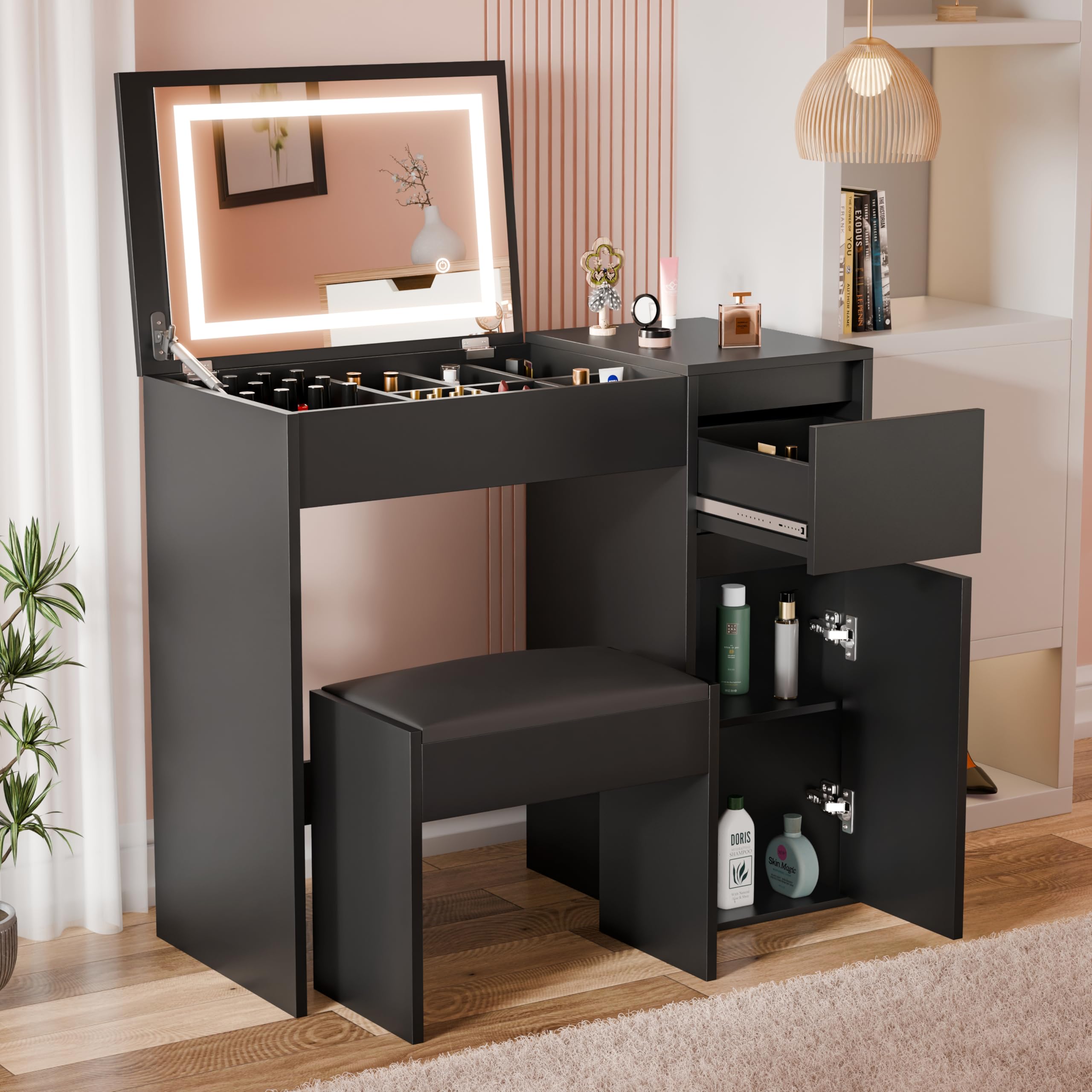 Blisswood Dressing Table with Flip Up Mirror and Led lights, Vanity Makeup Table Drawer Storage Unit Cosmetic Bedroom Dresser Make Up Desk For Living Room, Bedroom Furniture (Black)