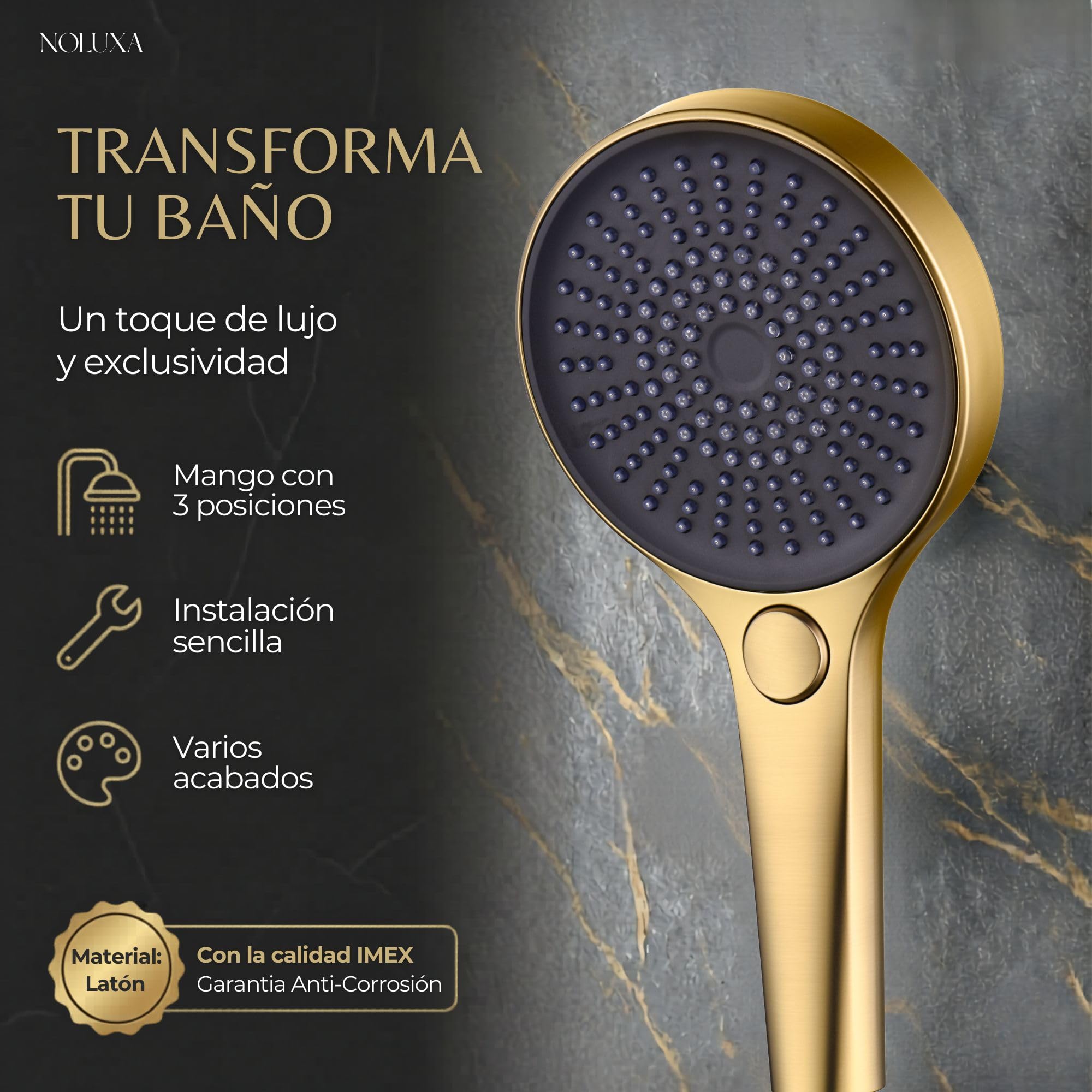 IMEX - Pommeau de Douche Haute Pression Doré | Pommeau de Douche Anti-Calcaire Effet Pluie | Pièce de Rechange Originale IMEX | Poignée Ergonomique avec 3 Positions