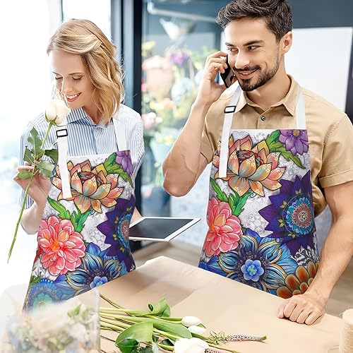 Miniatura 3 de ASPMIZ Delantal floral para adultos, delantales de flores bohemias para mujeres con bolsillos, delantales de cocina impermeables para hombres con