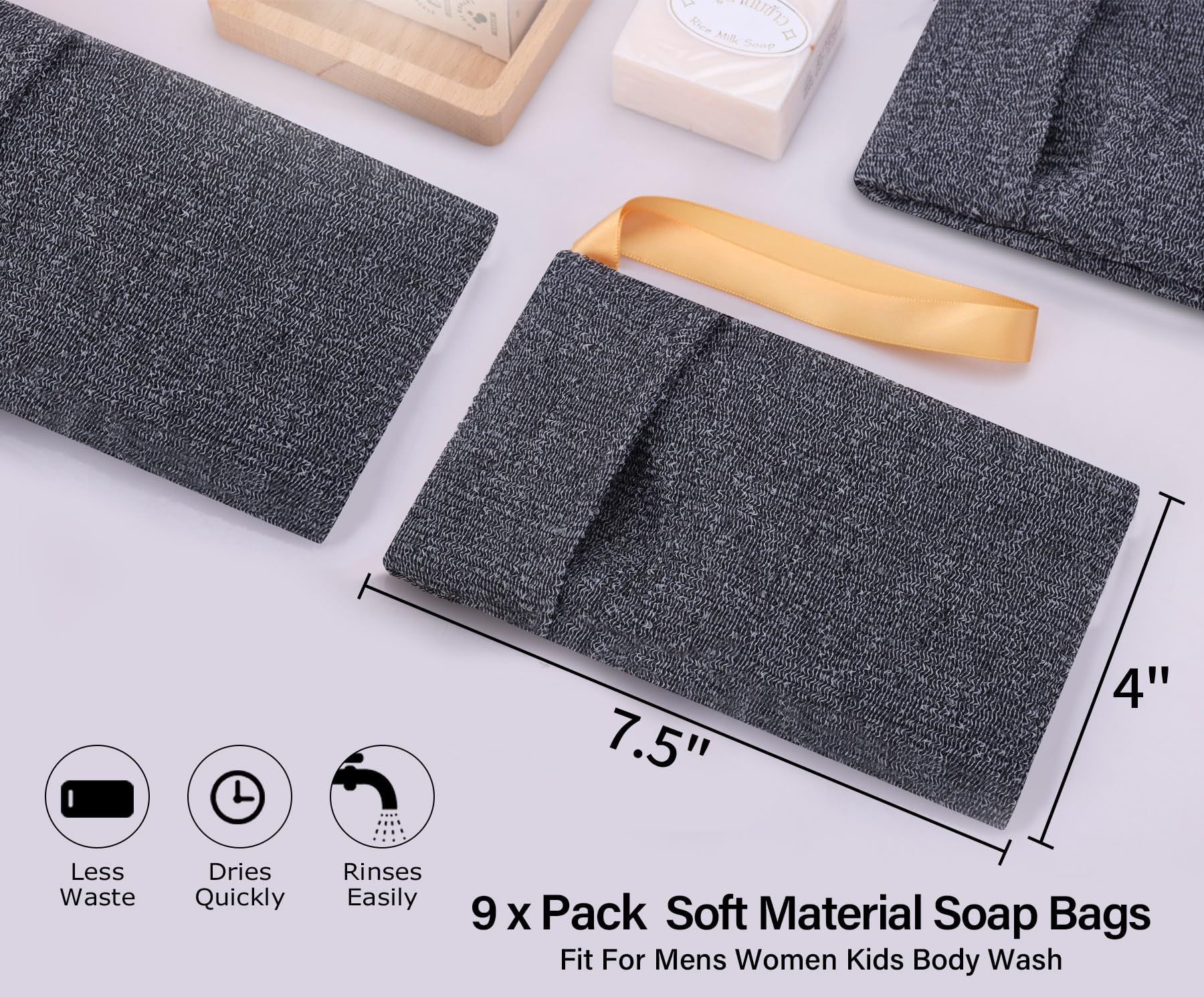 Confezione da 9 sacchetti per sapone esfoliante, spugna esfoliante per il corpo, esfoliante per il corpo per bagno o doccia, sacchetto in schiuma di sapone grigio a rete