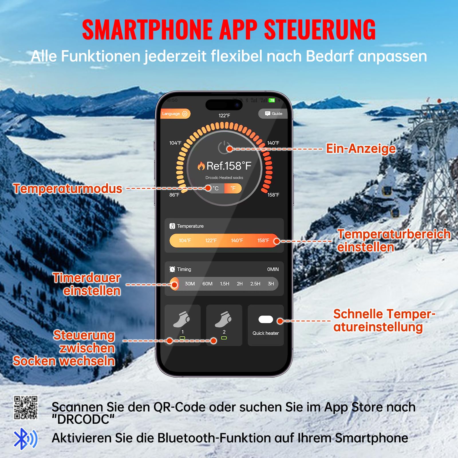 YOOHBERRYS Beheizte Socken, Elektrisch Beheizbare Socken mit 8500mAh Wiederaufladbarer Akku, APP-Fernbedienung bis zu 70°C, Heizsocken Warme Skisocken für Jagd, Wandern, Camping, Skifahren