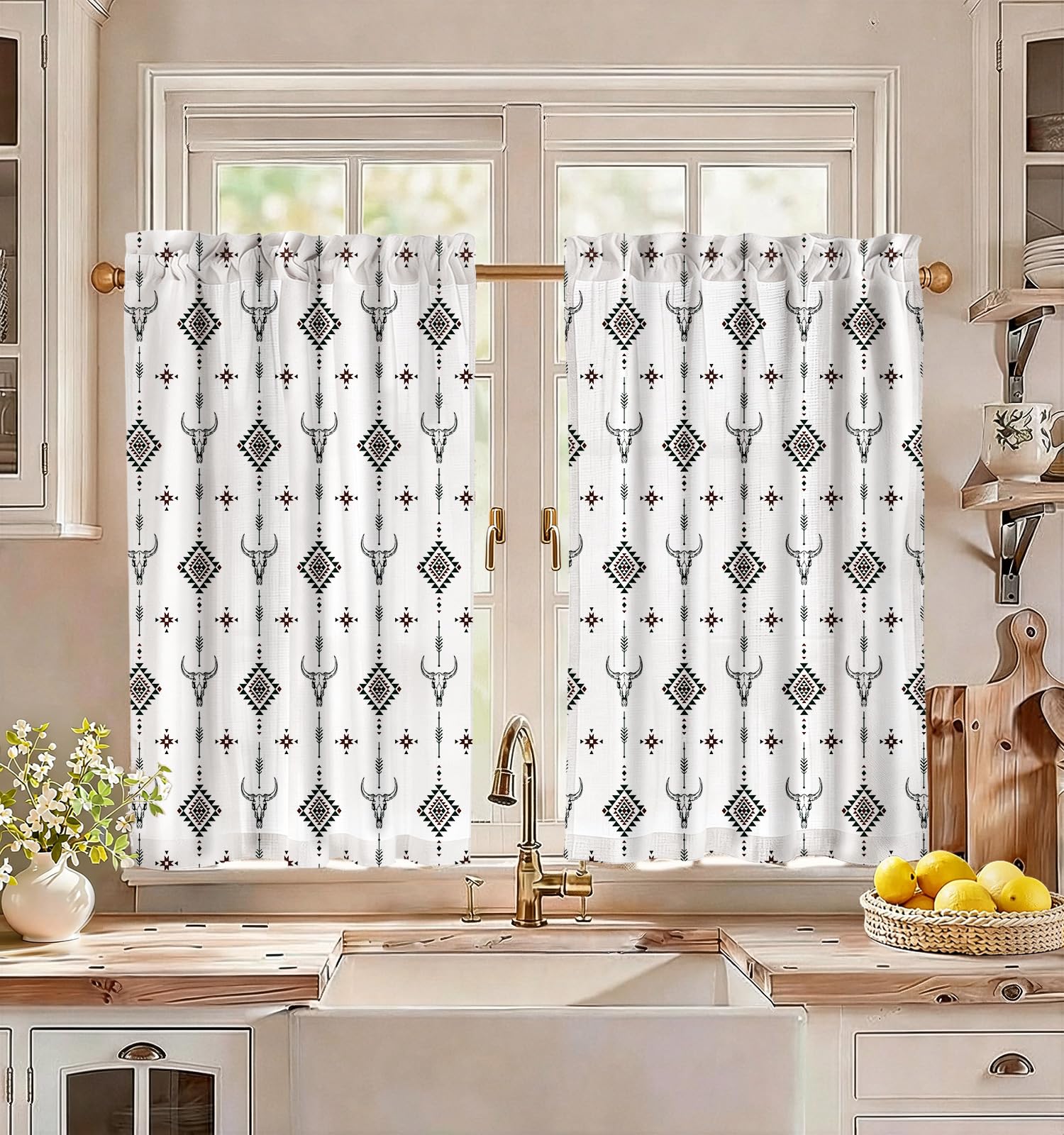 Miss Adola Boho Kitchen Tier Curtains, 36 Inch Length, Western Cow
