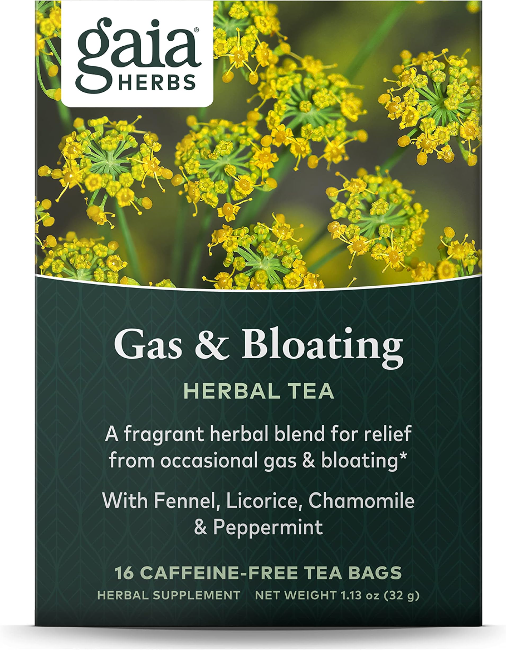 Gaia Herbs Gas and Bloating Herbal Tea, 16 Tea Bags - Support for Digestive Discomfort, Fast Acting, Caffeine Free